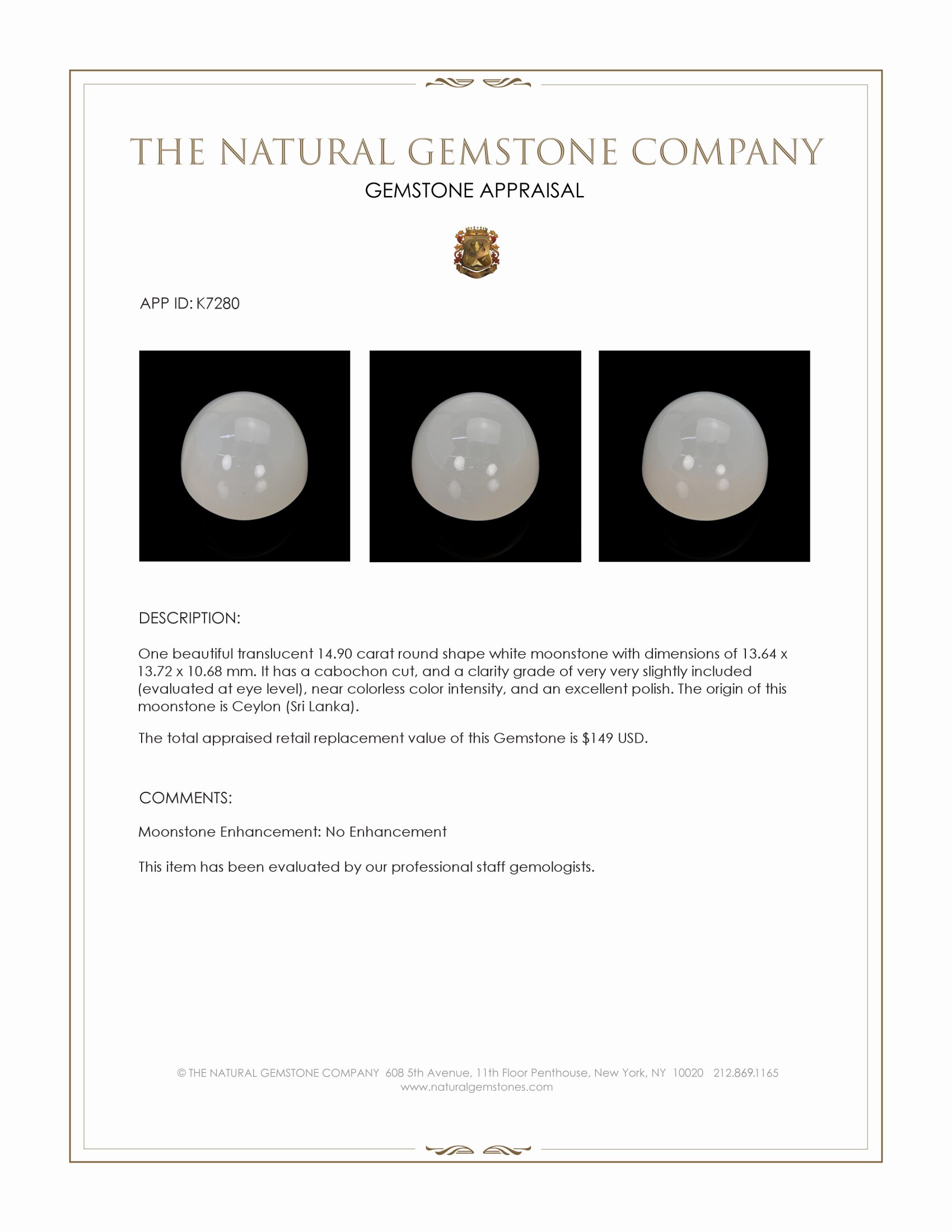 14.90 Ct. White Cabochon Moonstone from Ceylon (Sri Lanka)