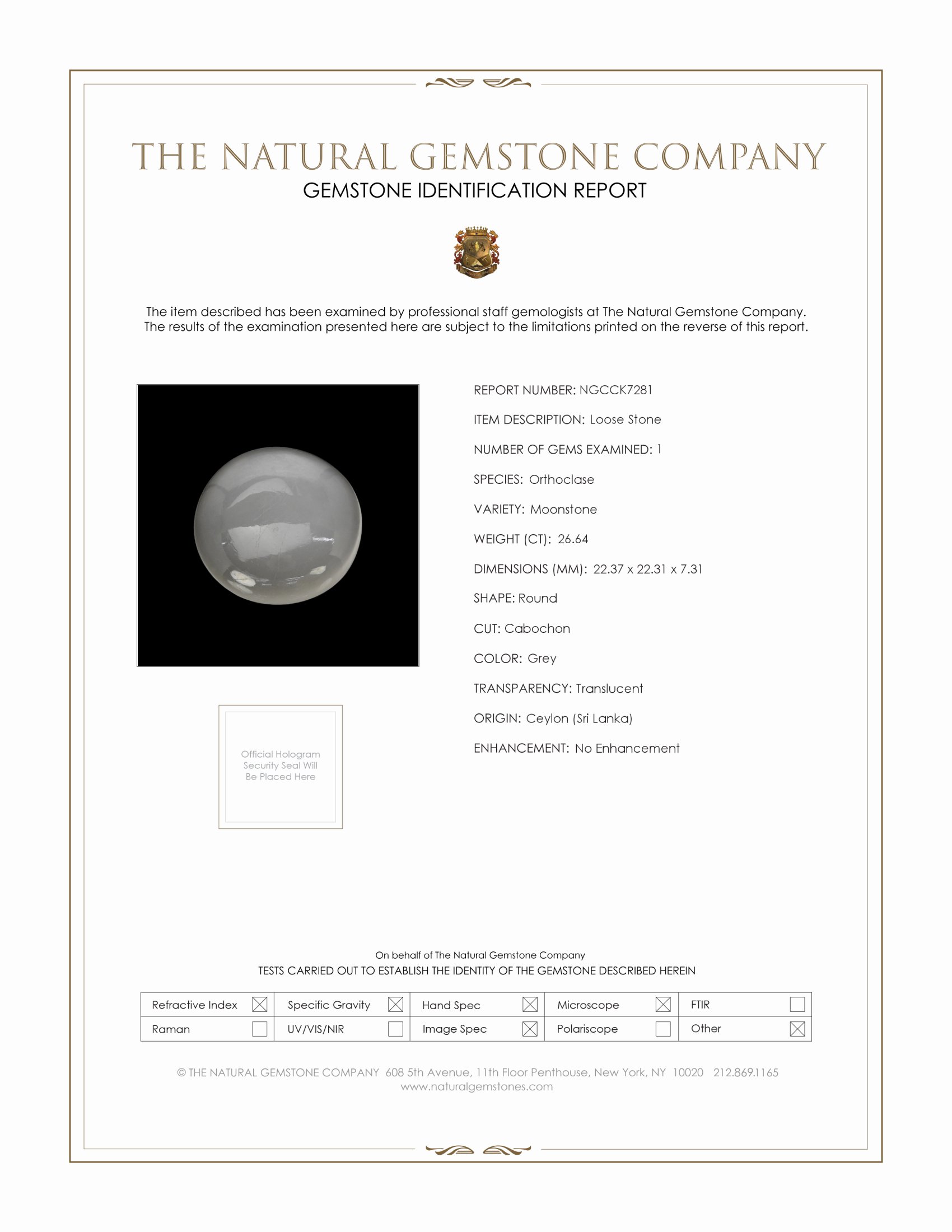 26.64 Ct. Grey Cabochon Moonstone from Ceylon (Sri Lanka)