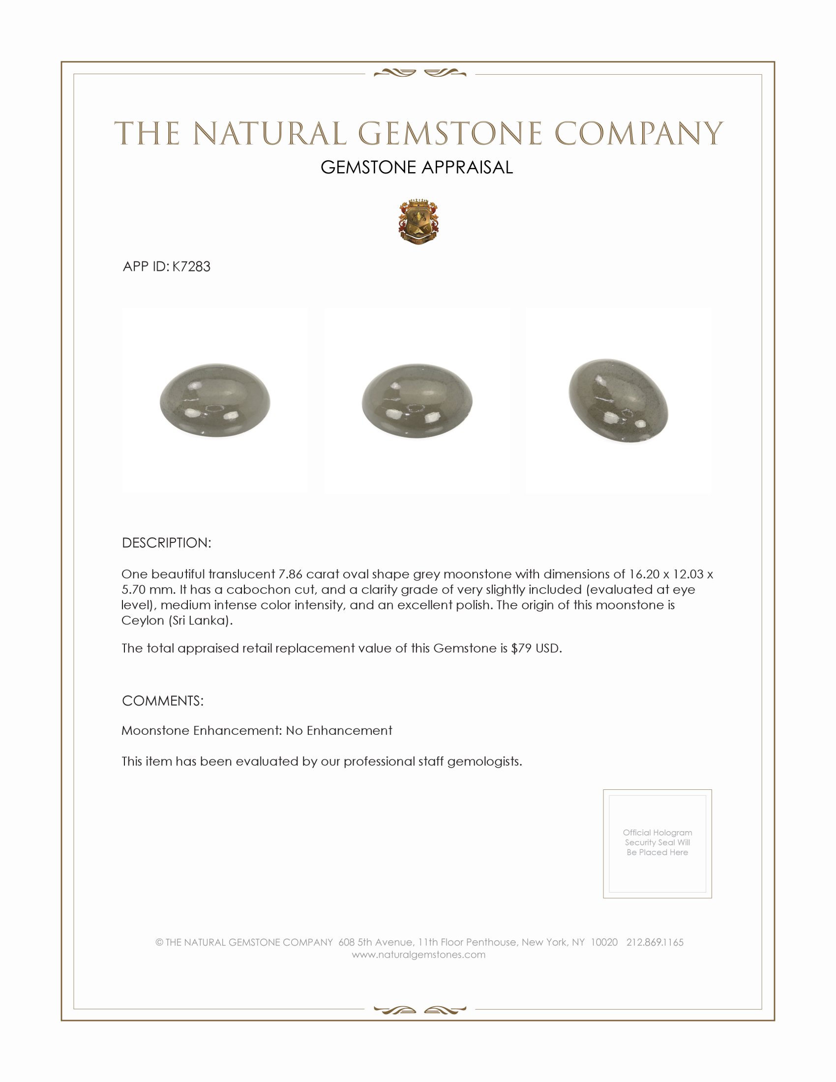 7.86 Ct. Grey Cabochon Moonstone from Ceylon (Sri Lanka)