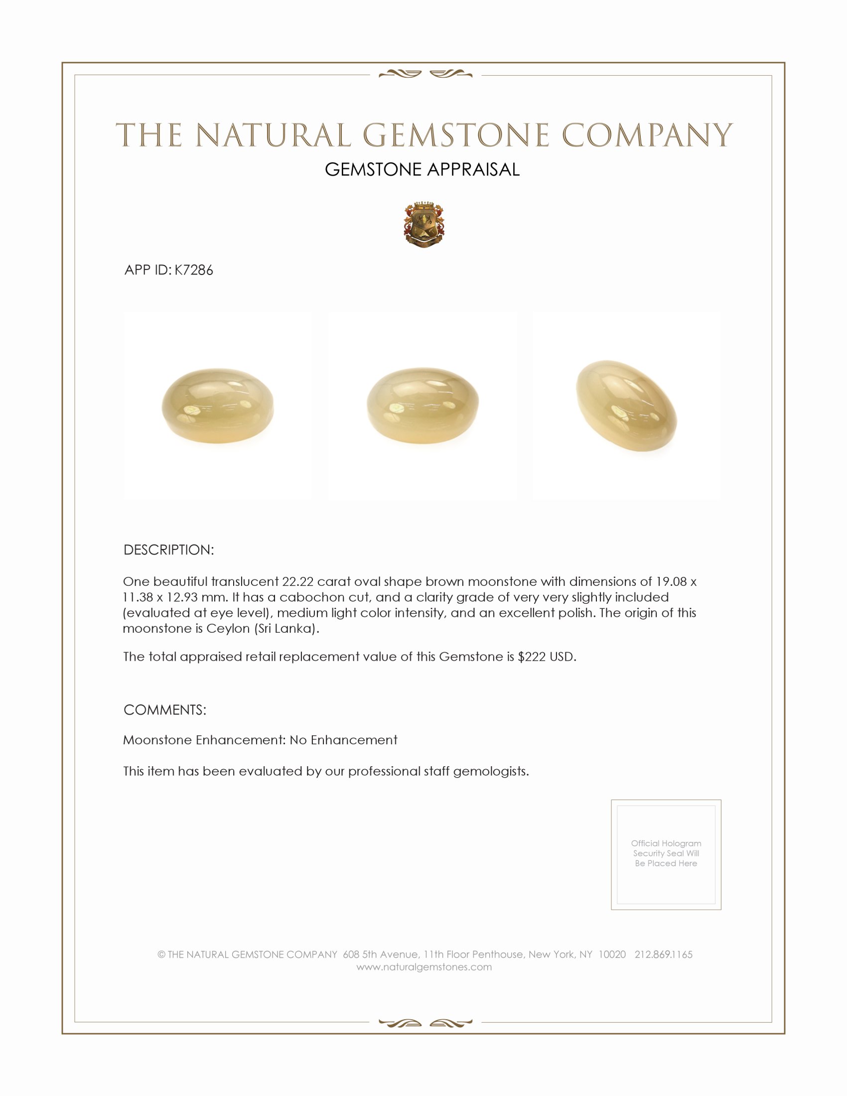 22.22 Ct. Brown Cabochon Moonstone from Ceylon (Sri Lanka)