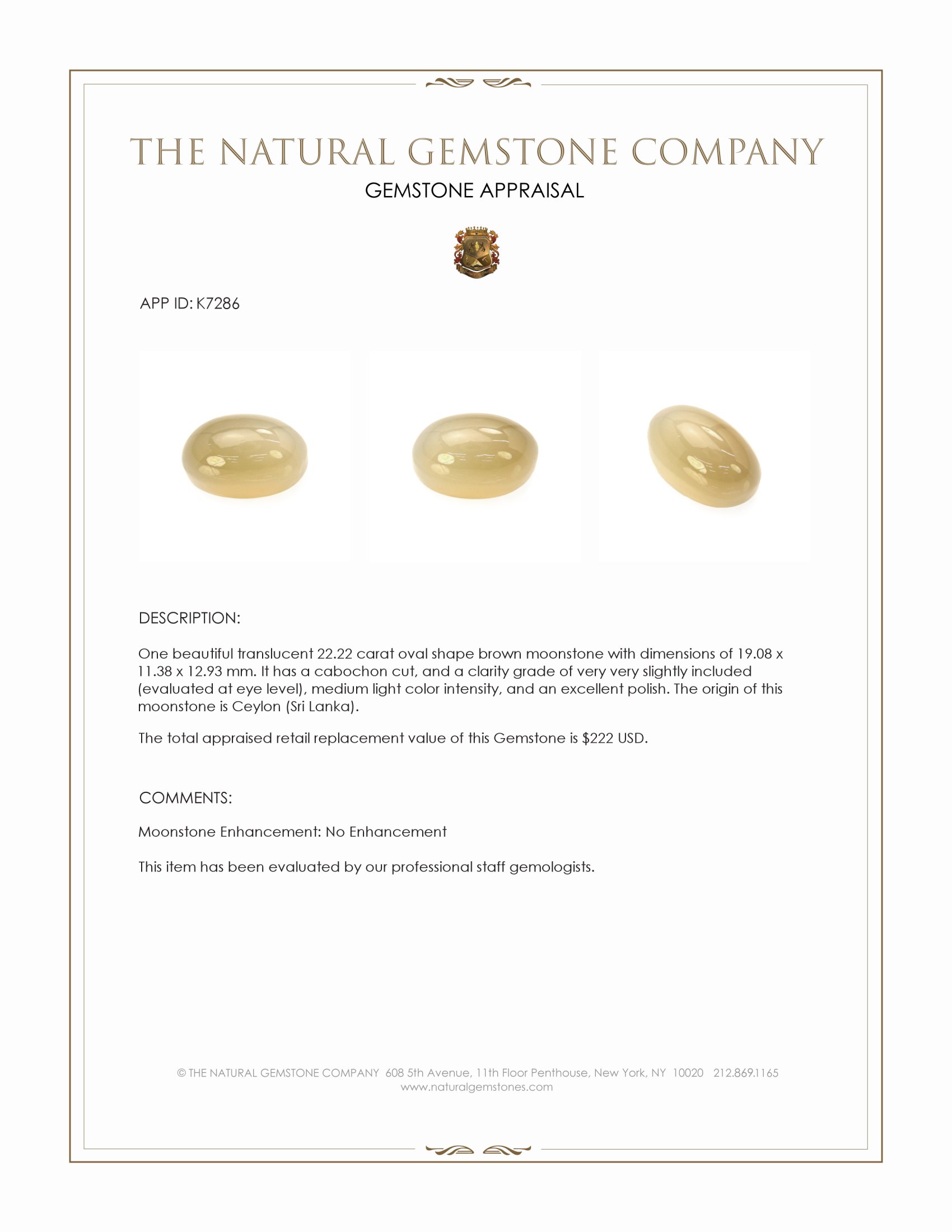 22.22 Ct. Cabochon Moonstone from Ceylon (Sri Lanka)