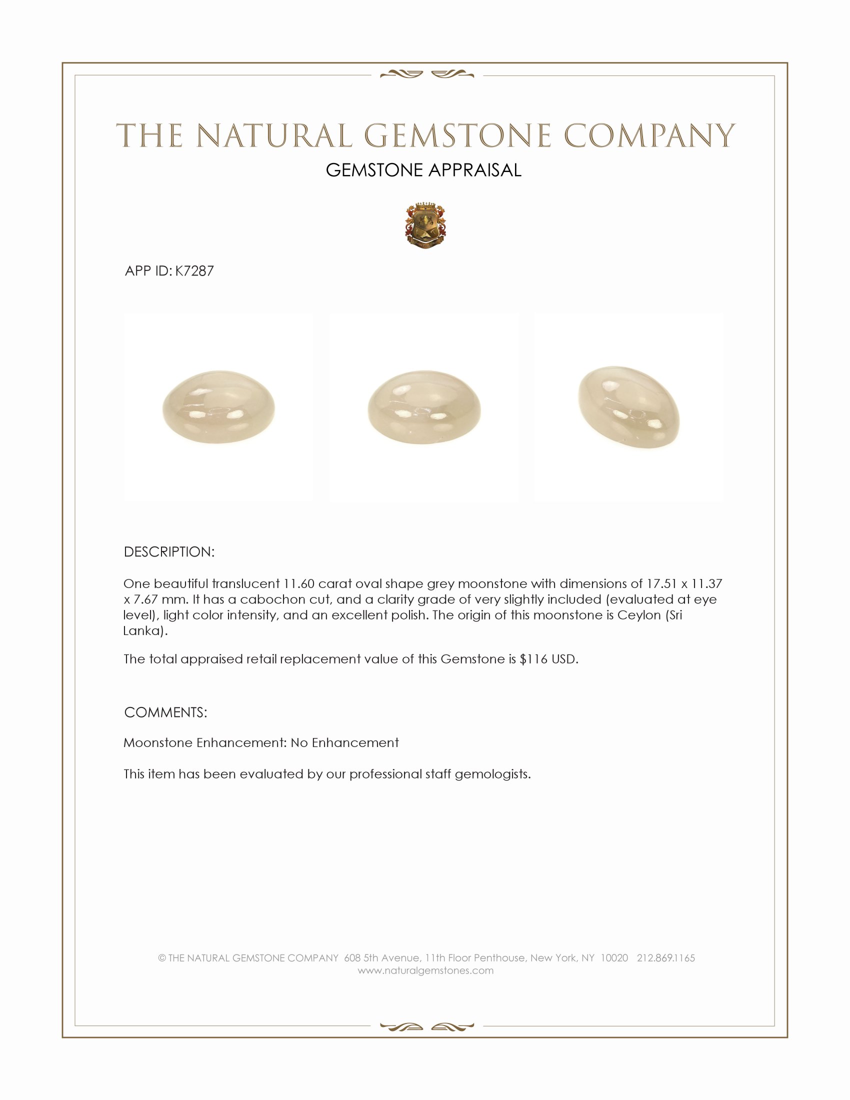 11.60 Ct. Grey Cabochon Moonstone from Ceylon (Sri Lanka)