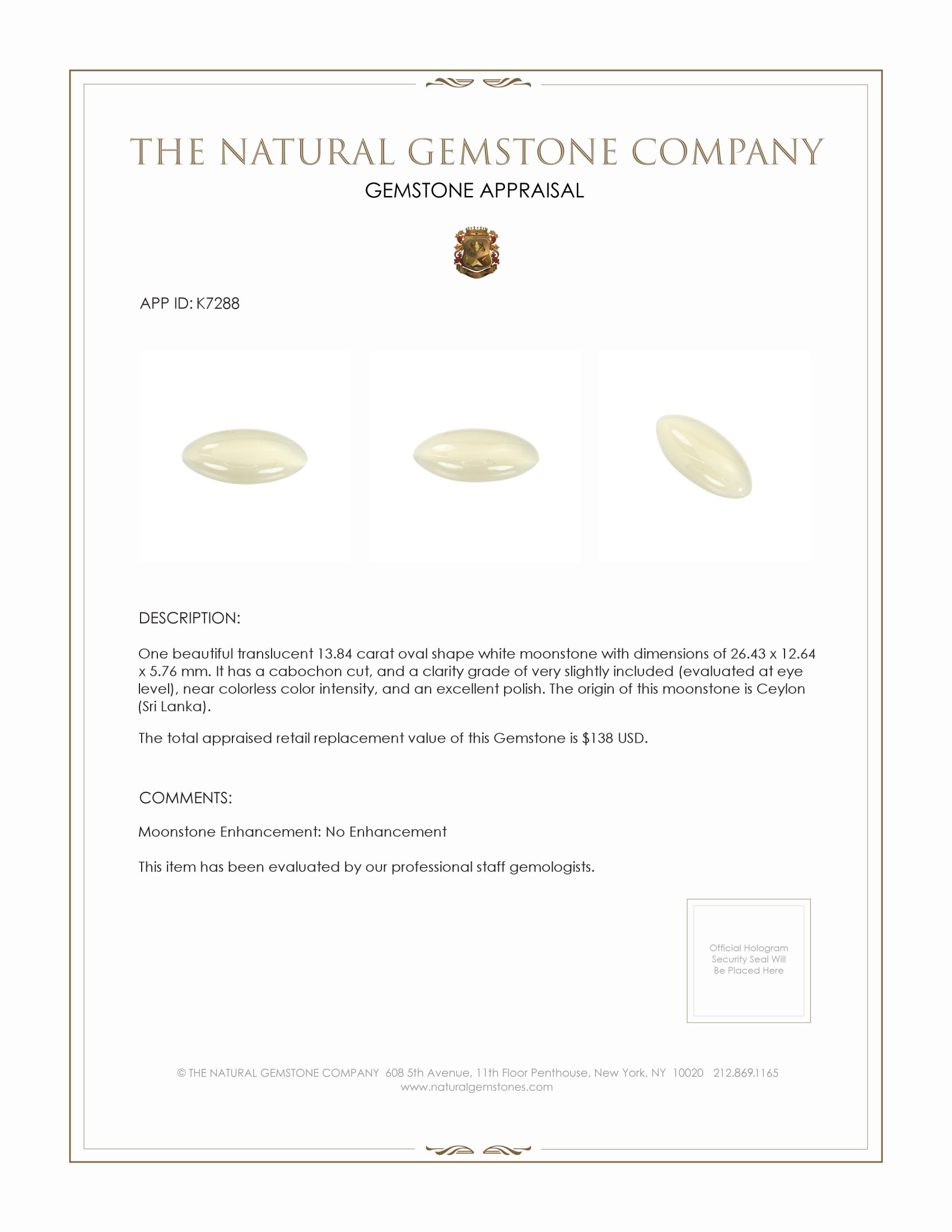 13.84 Ct. White Cabochon Moonstone from Ceylon (Sri Lanka)