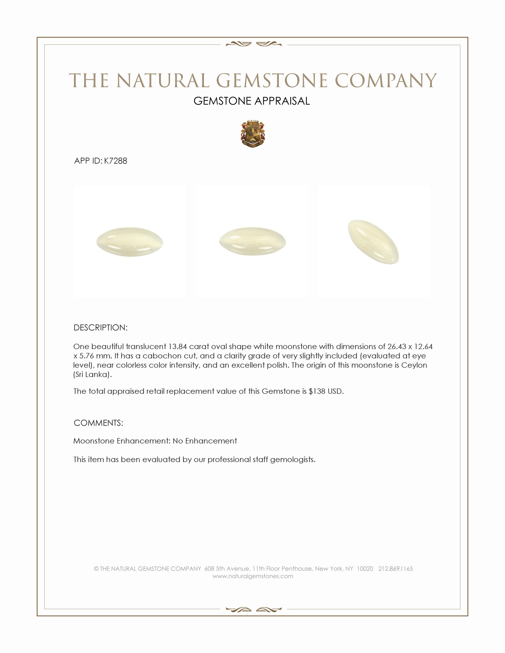 13.84 Ct. Cabochon Moonstone from Ceylon (Sri Lanka)