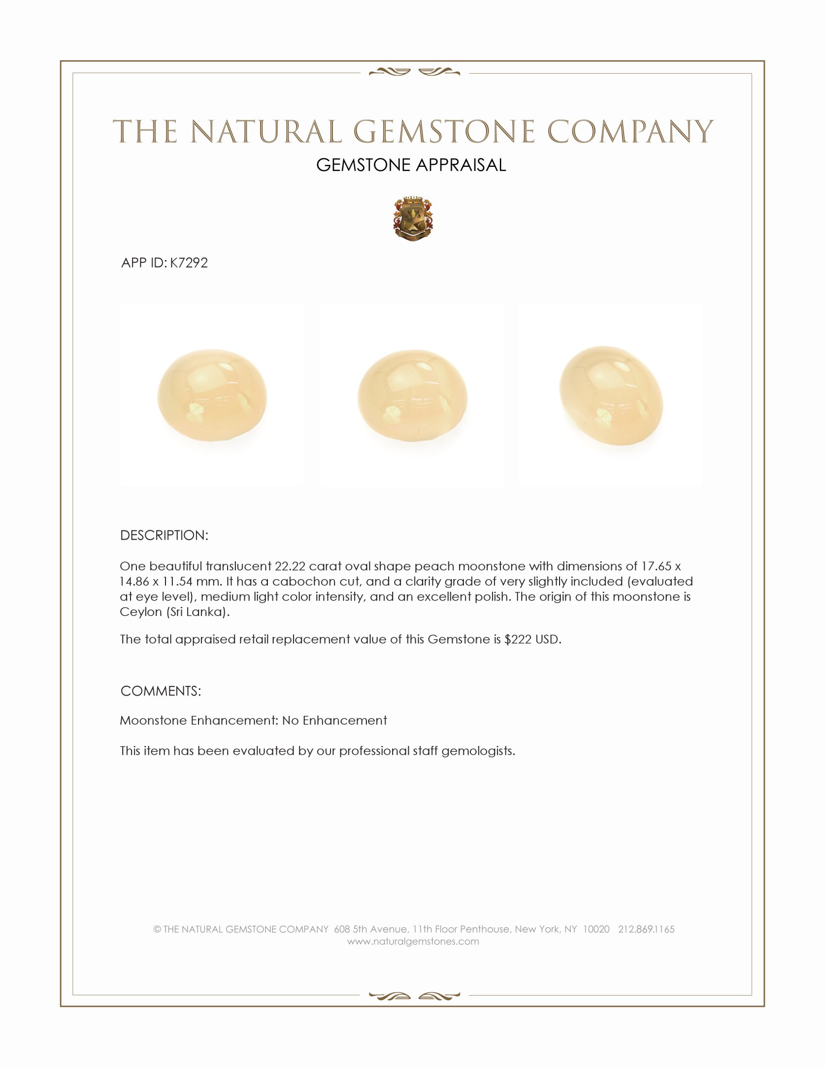 22.22 Ct. Cabochon Moonstone from Ceylon (Sri Lanka)