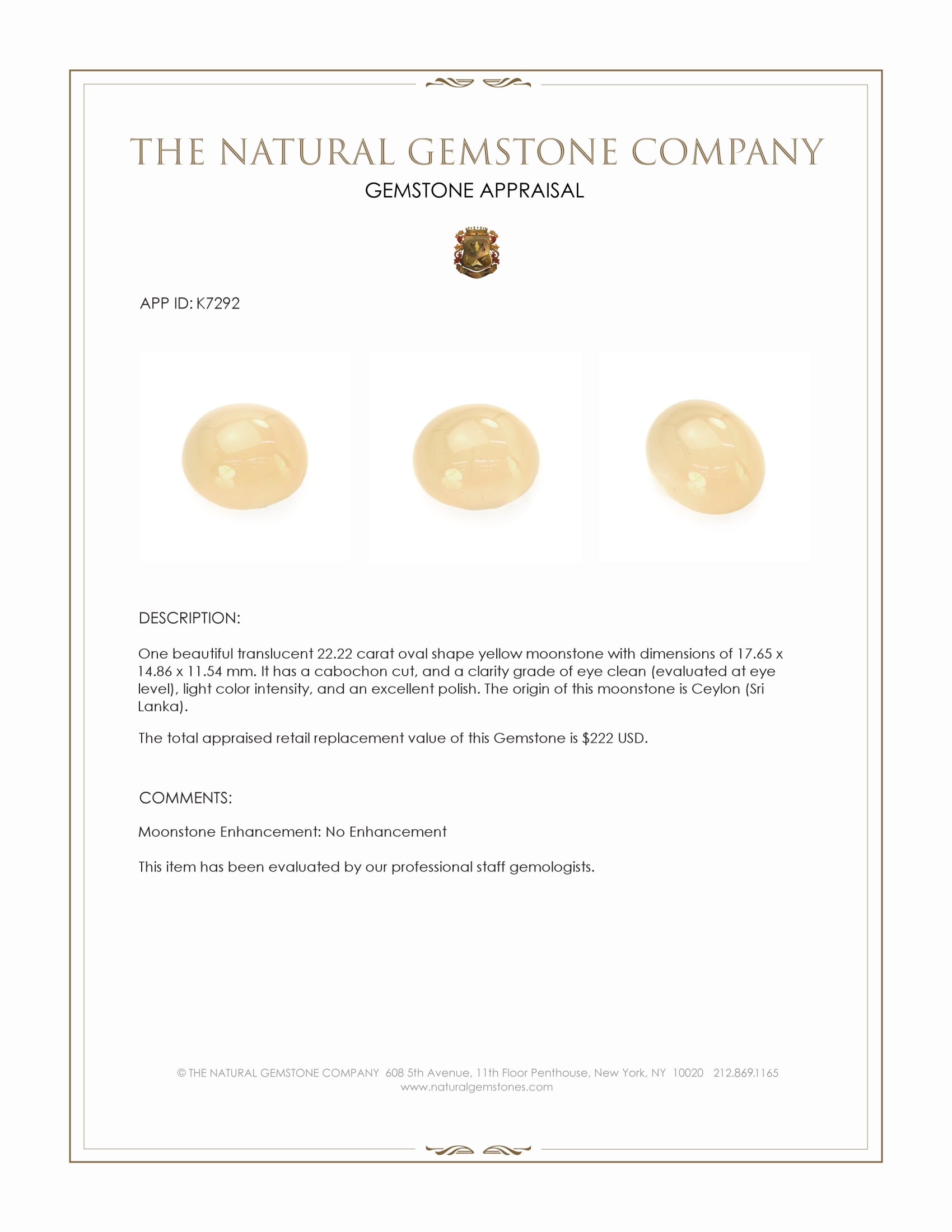 22.22 Ct. Yellow Cabochon Moonstone from Ceylon (Sri Lanka)