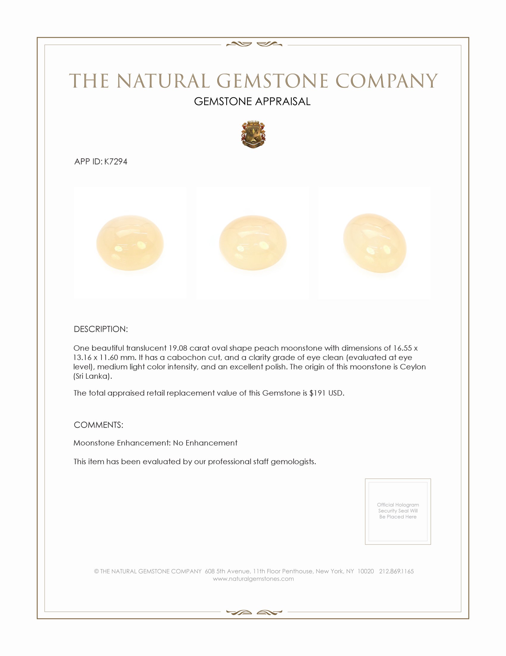 19.08 Ct. Cabochon Moonstone from Ceylon (Sri Lanka)