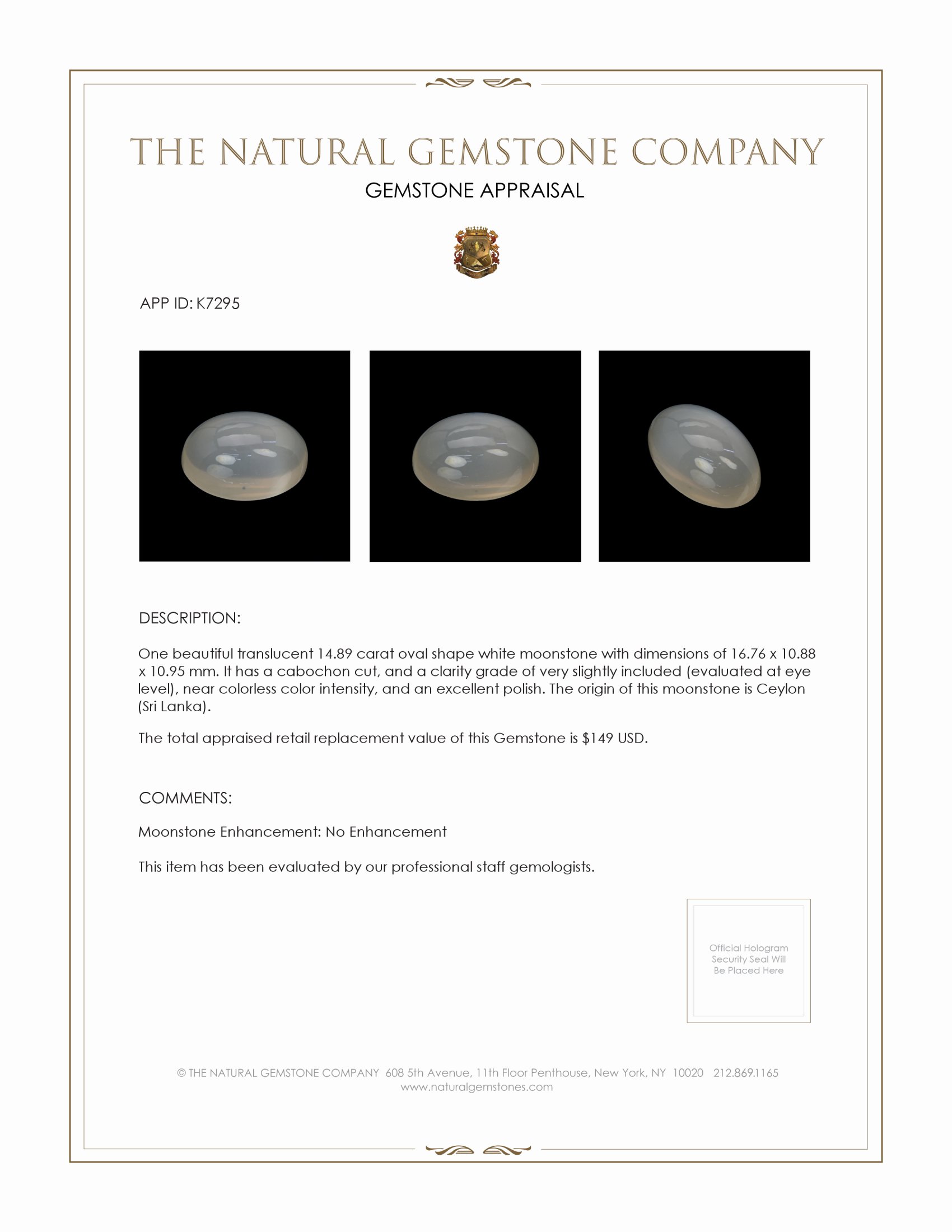 14.89 Ct. White Cabochon Moonstone from Ceylon (Sri Lanka)