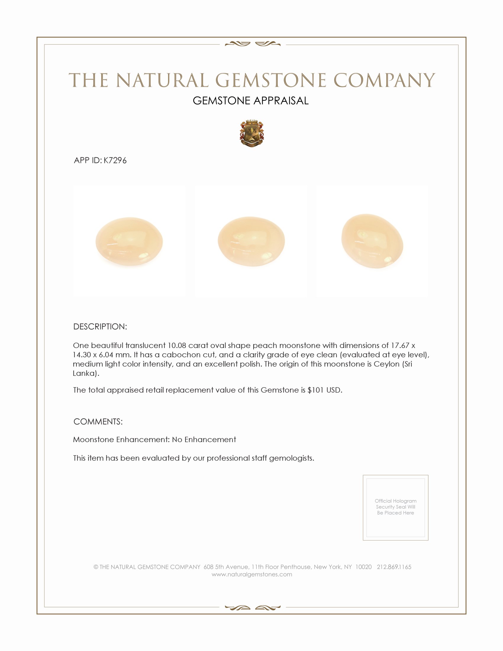 10.08 Ct. Cabochon Moonstone from Ceylon (Sri Lanka)