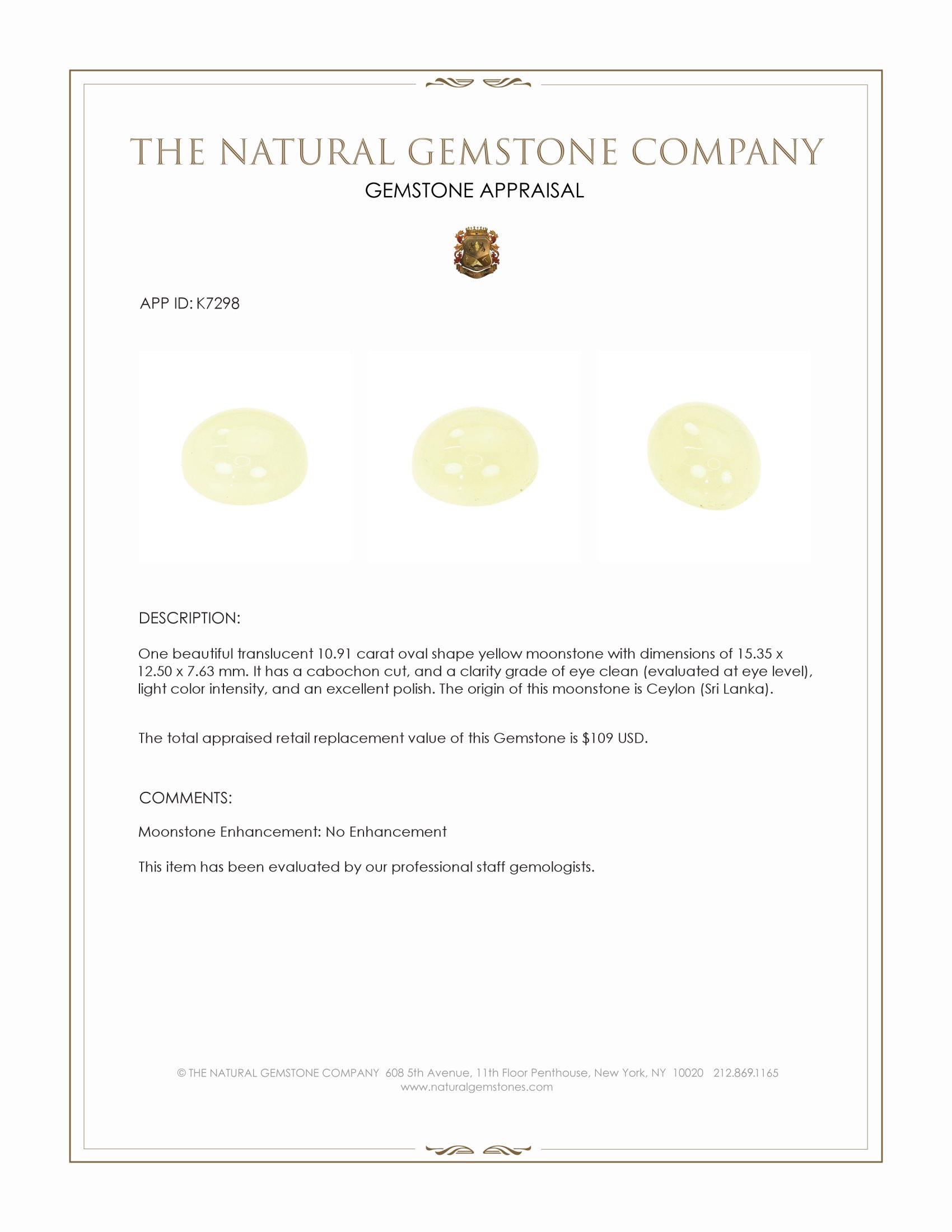 10.91 Ct. Yellow Cabochon Moonstone from Ceylon (Sri Lanka)