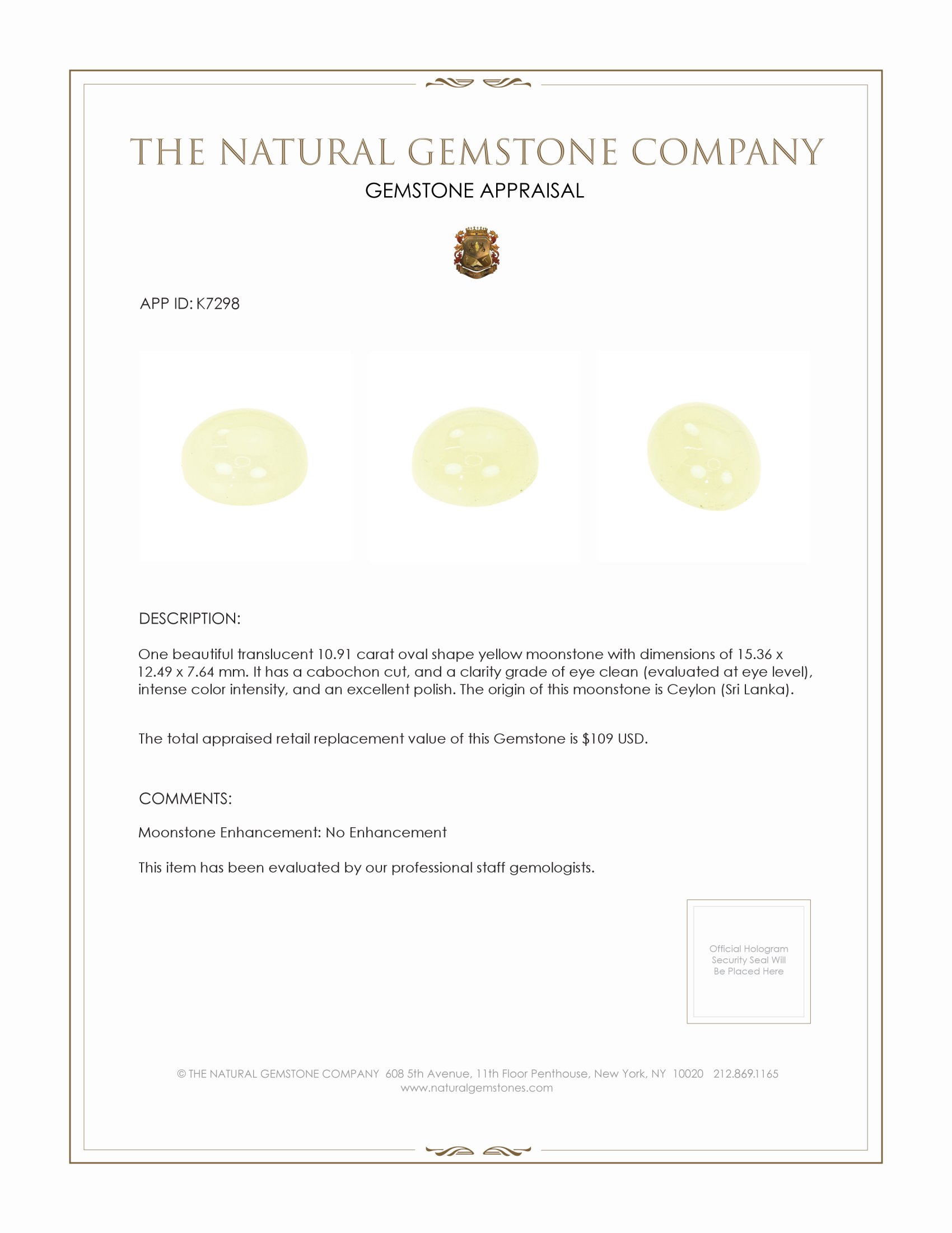 10.91 Ct. Cabochon Moonstone from Ceylon (Sri Lanka)