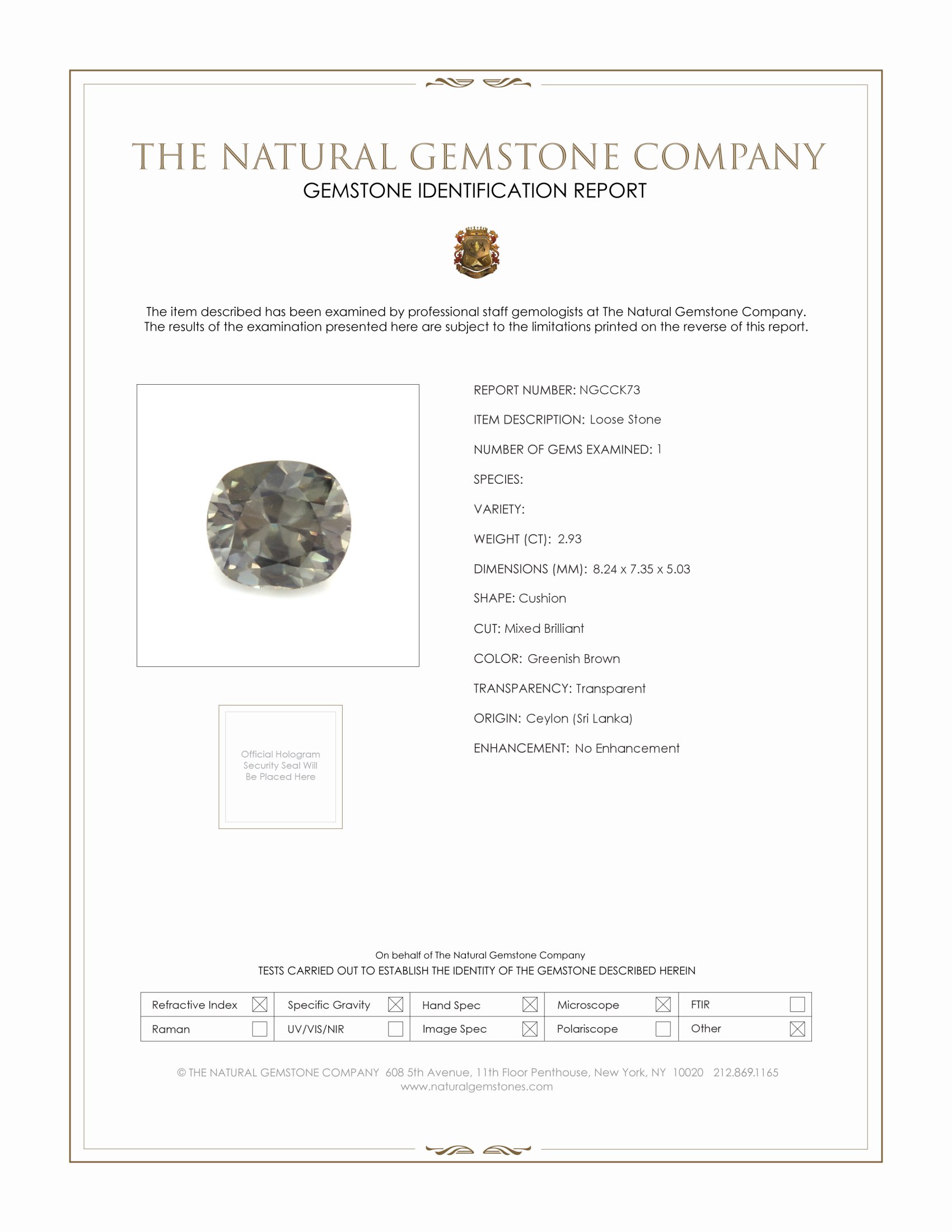 2.93 Ct. Brownish Green Zircon from Ceylon (Sri Lanka)
