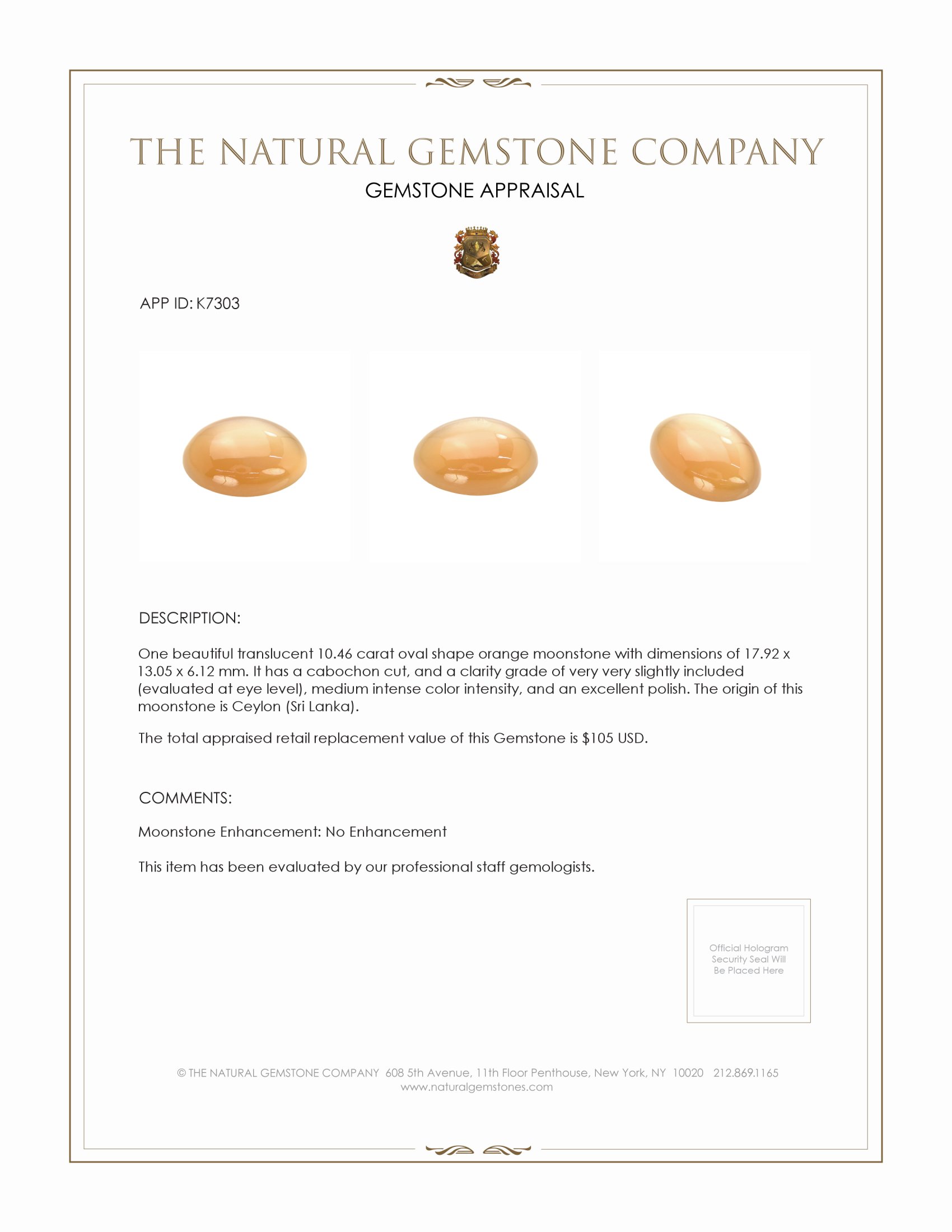 10.46 Ct. Cabochon Moonstone from Ceylon (Sri Lanka)