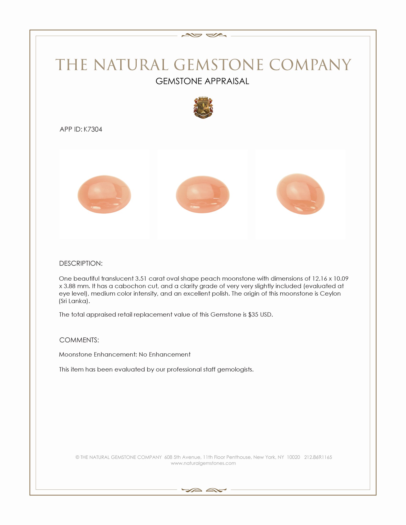 3.51 Ct. Peach Cabochon Moonstone from Ceylon (Sri Lanka)