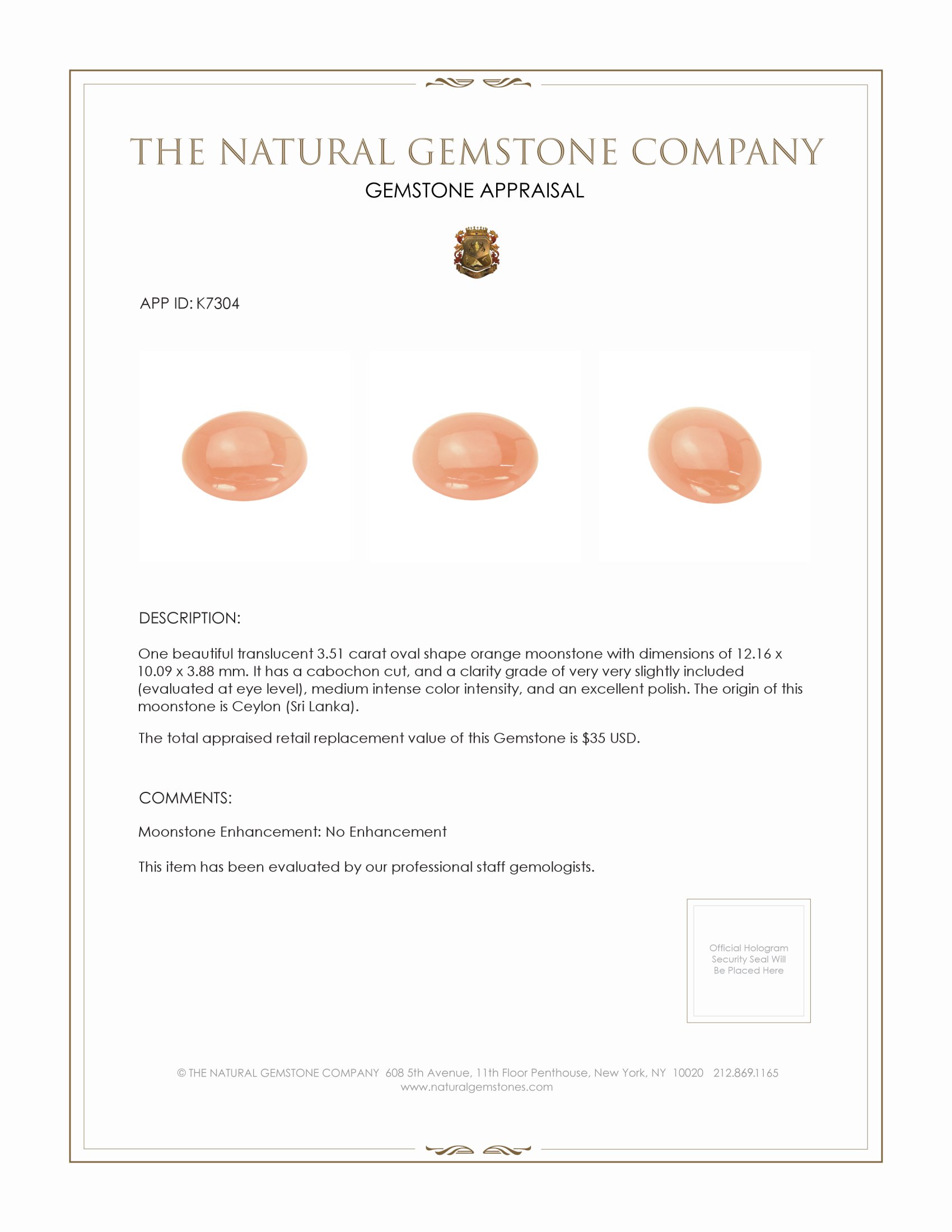 3.51 Ct. Cabochon Moonstone from Ceylon (Sri Lanka)