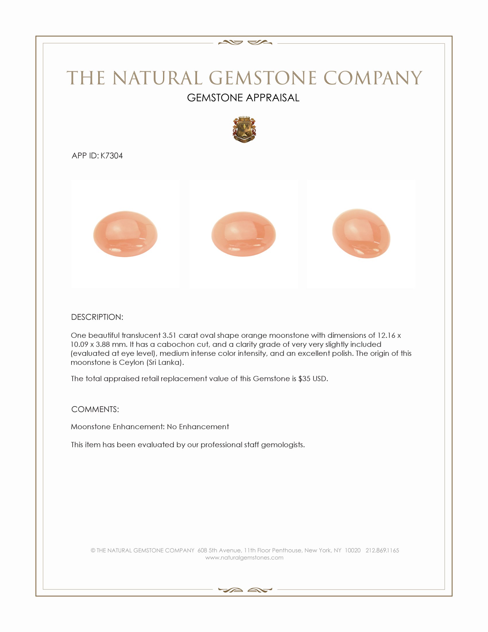 3.51 Ct. Cabochon Moonstone from Ceylon (Sri Lanka)