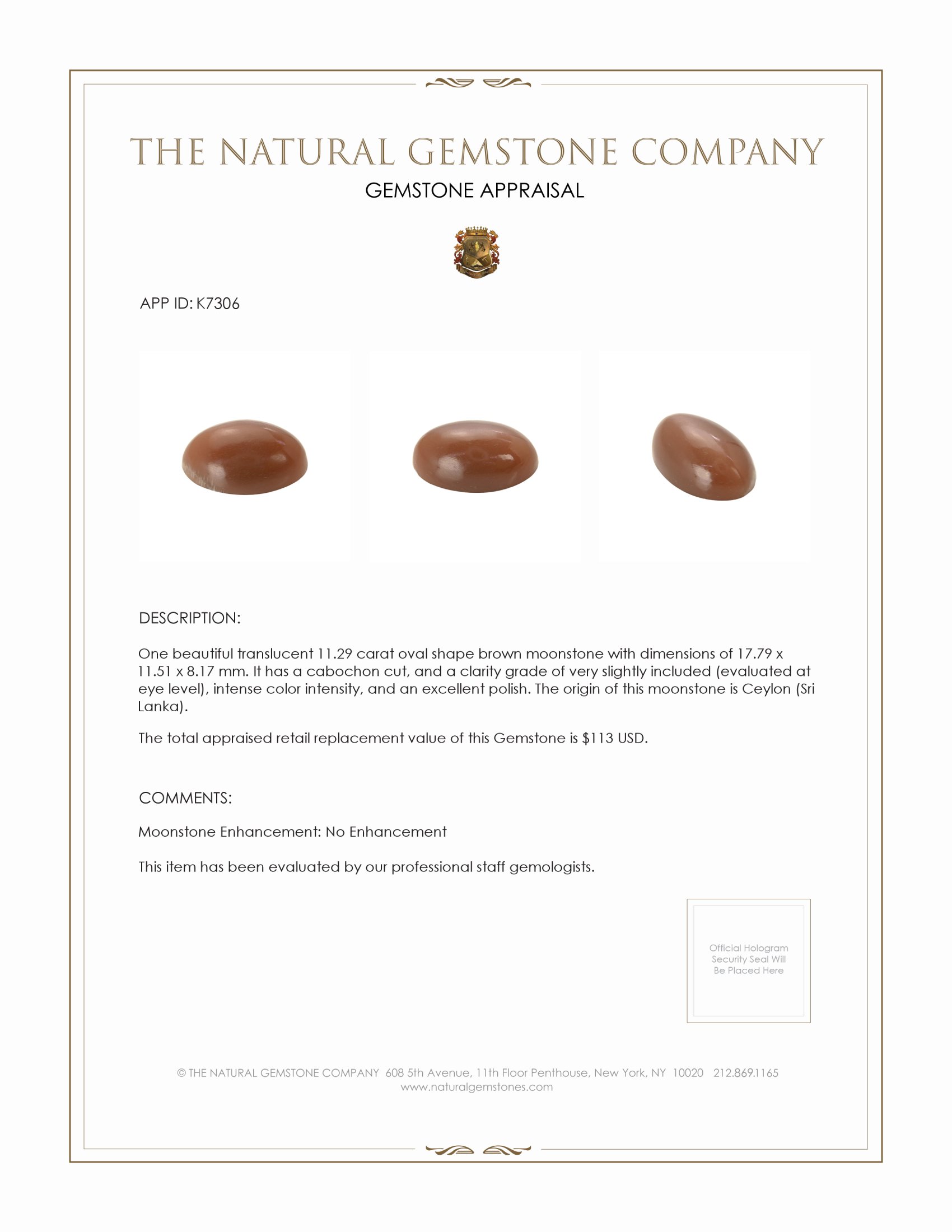 11.29 Ct. Brown Cabochon Moonstone from Ceylon (Sri Lanka)