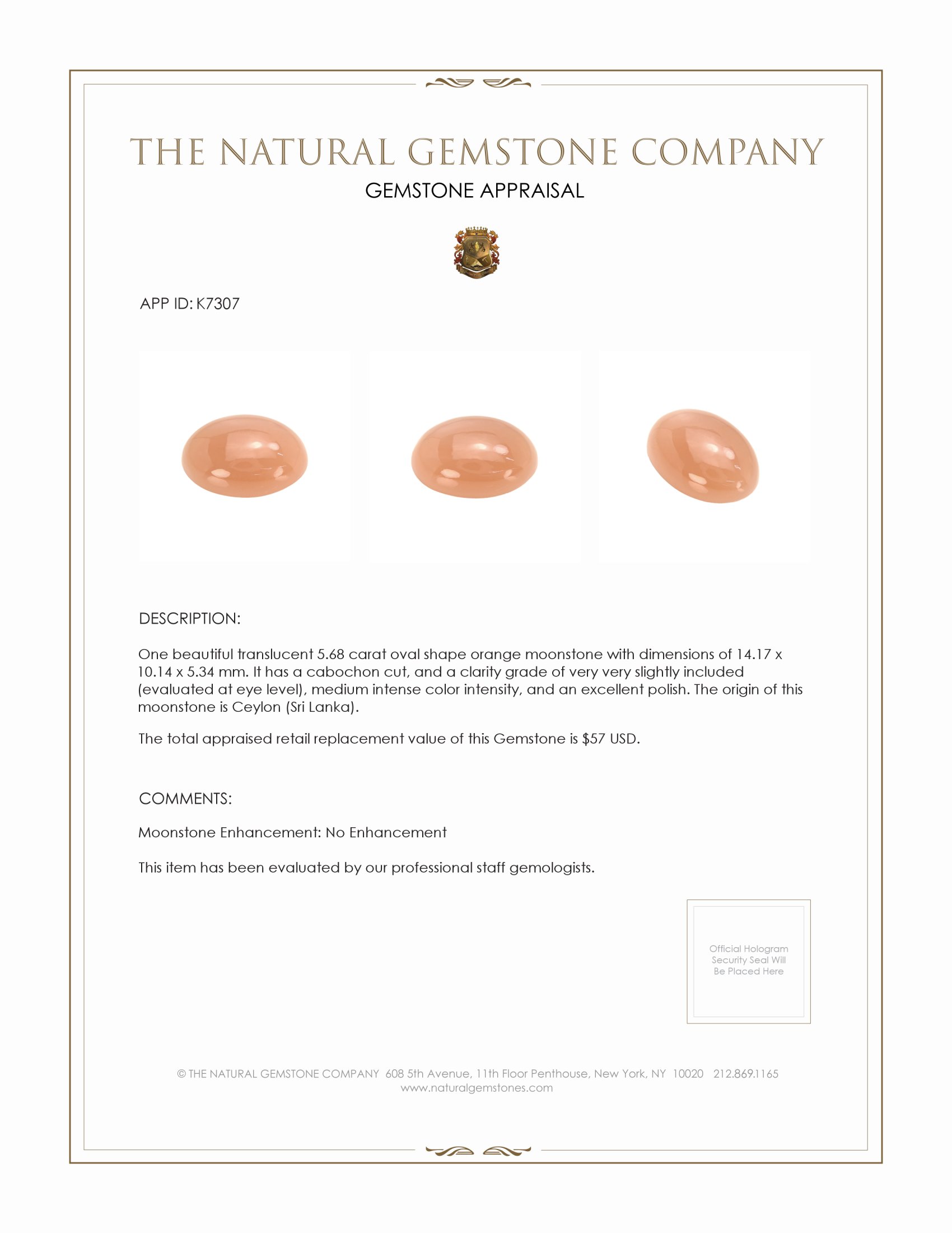 5.68 Ct. Cabochon Moonstone from Ceylon (Sri Lanka)