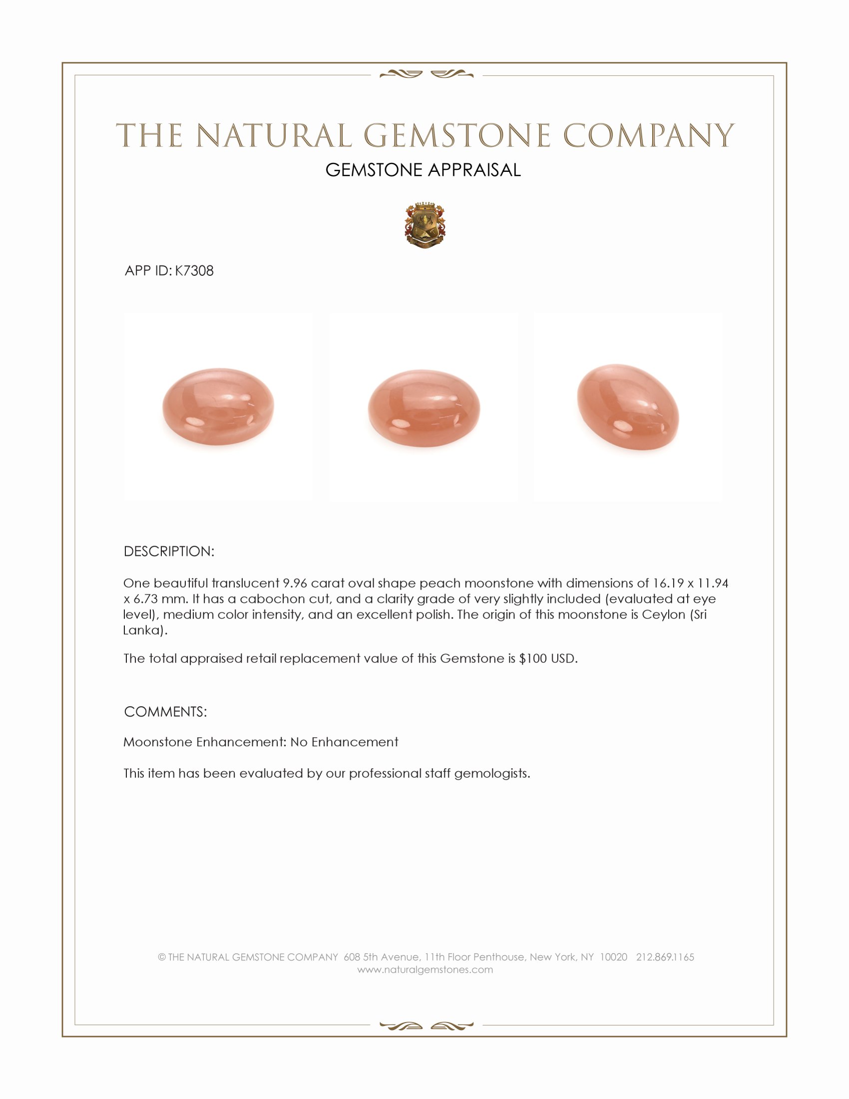 9.96 Ct. Cabochon Moonstone from Ceylon (Sri Lanka)