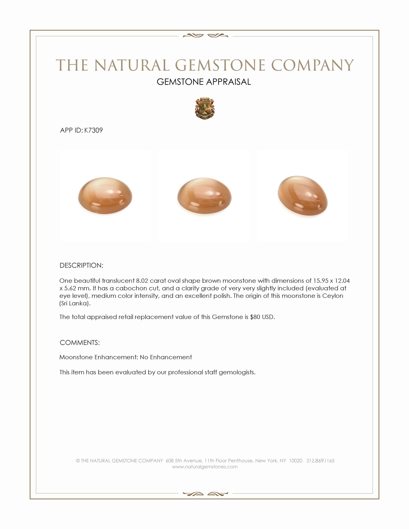 8.02 Ct. Brown Cabochon Moonstone from Ceylon (Sri Lanka)