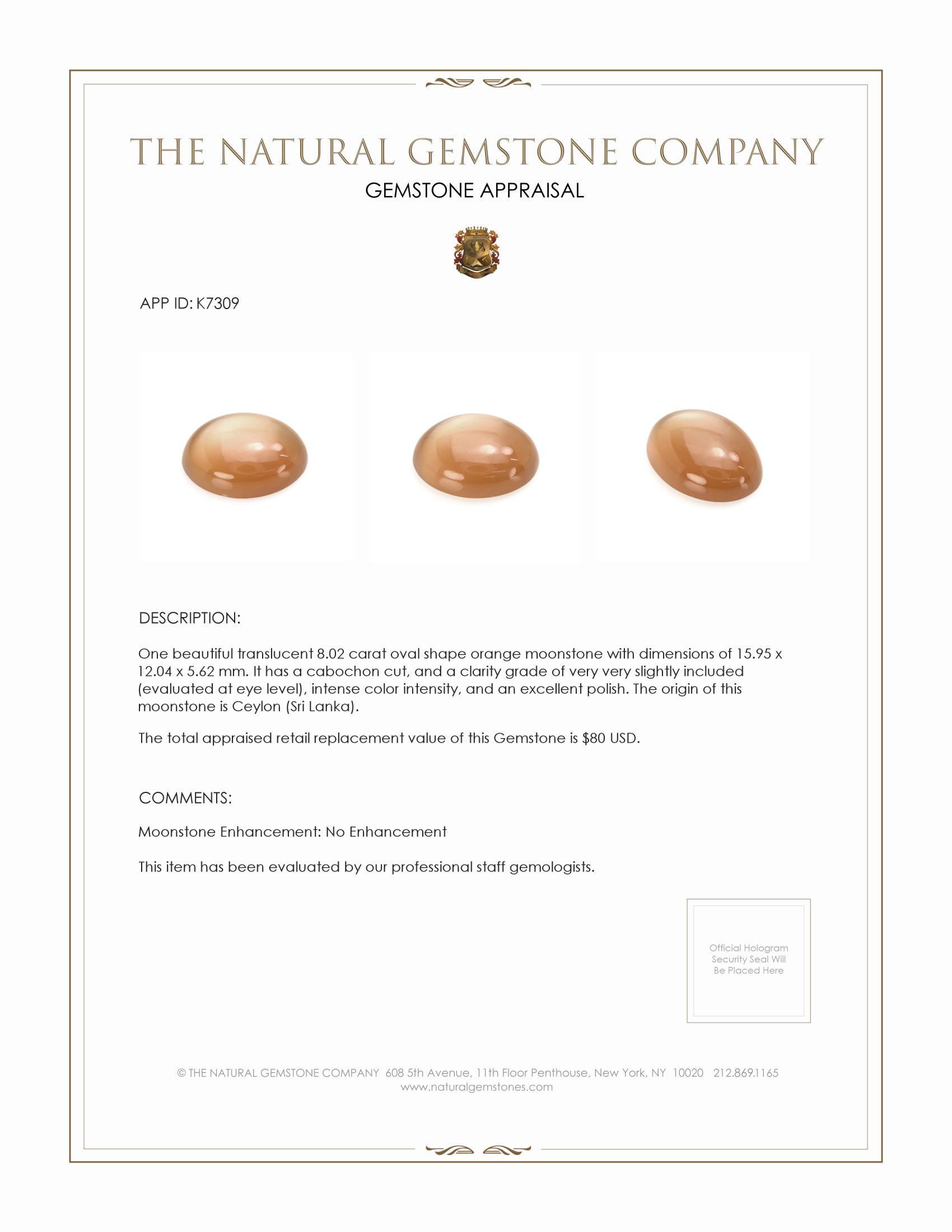 8.02 Ct. Cabochon Moonstone from Ceylon (Sri Lanka)