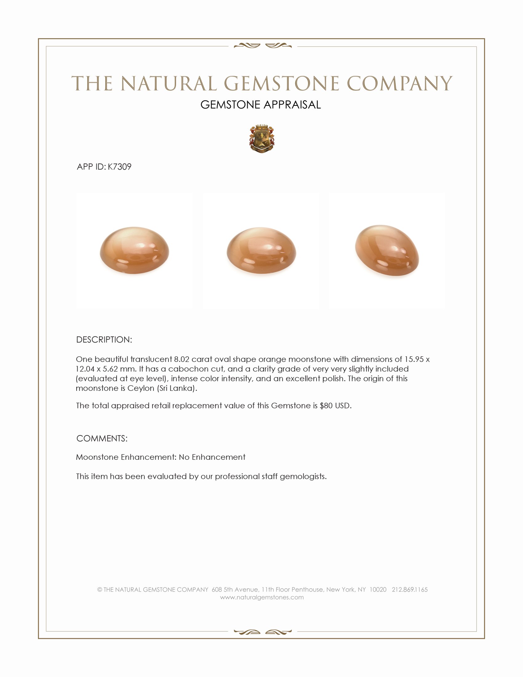 8.02 Ct. Cabochon Moonstone from Ceylon (Sri Lanka)