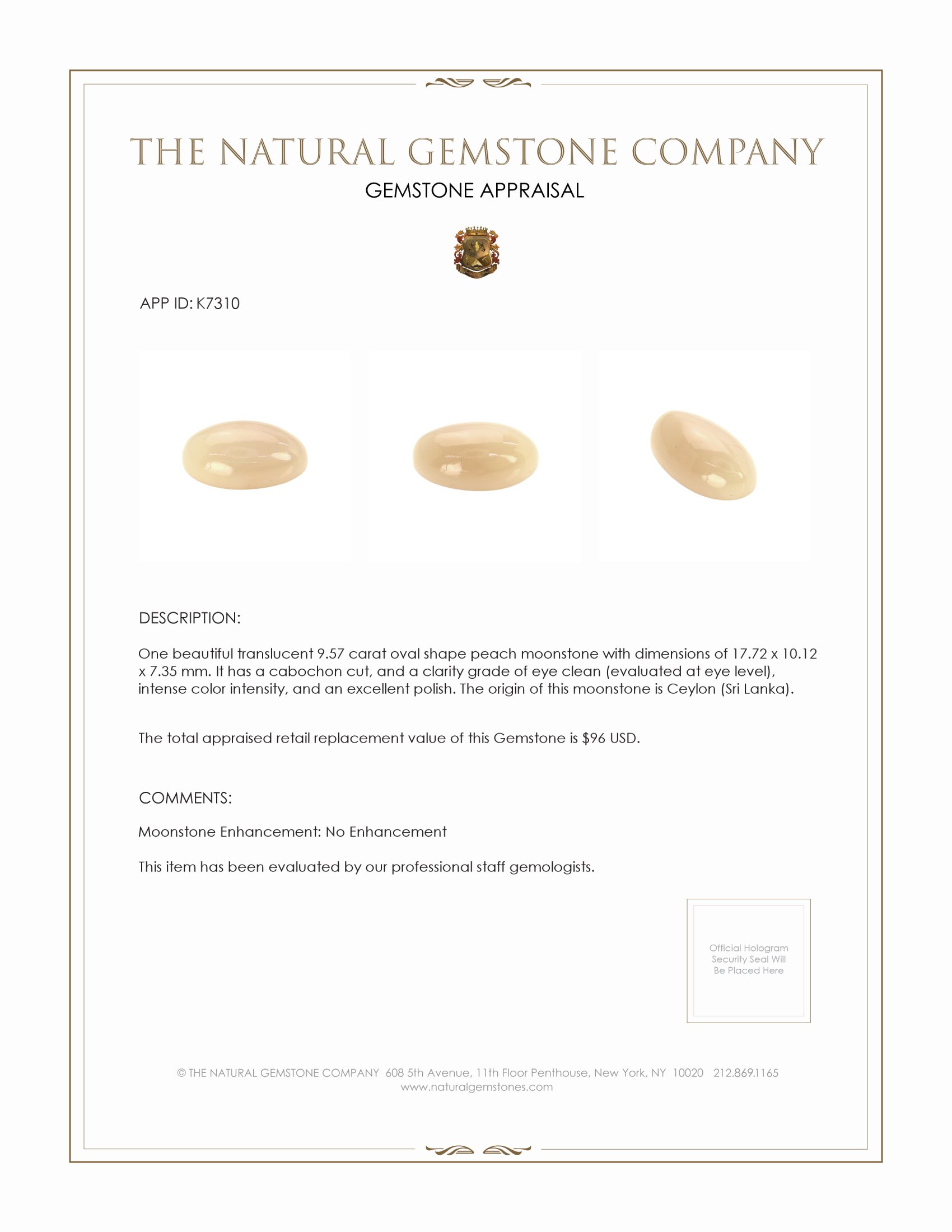 9.57 Ct. Cabochon Moonstone from Ceylon (Sri Lanka)