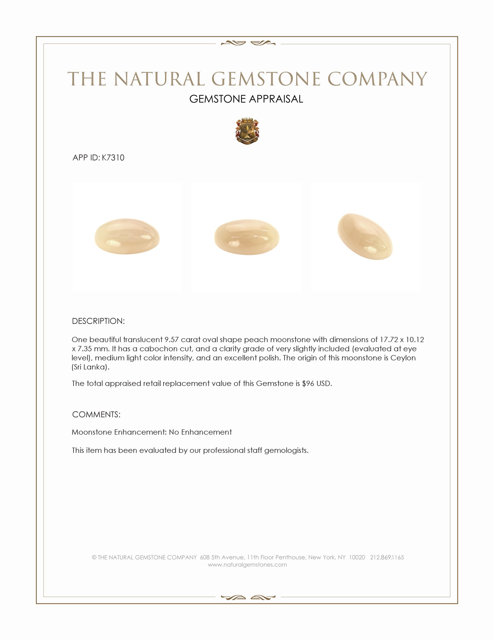 9.57 Ct. Cabochon Moonstone from Ceylon (Sri Lanka)