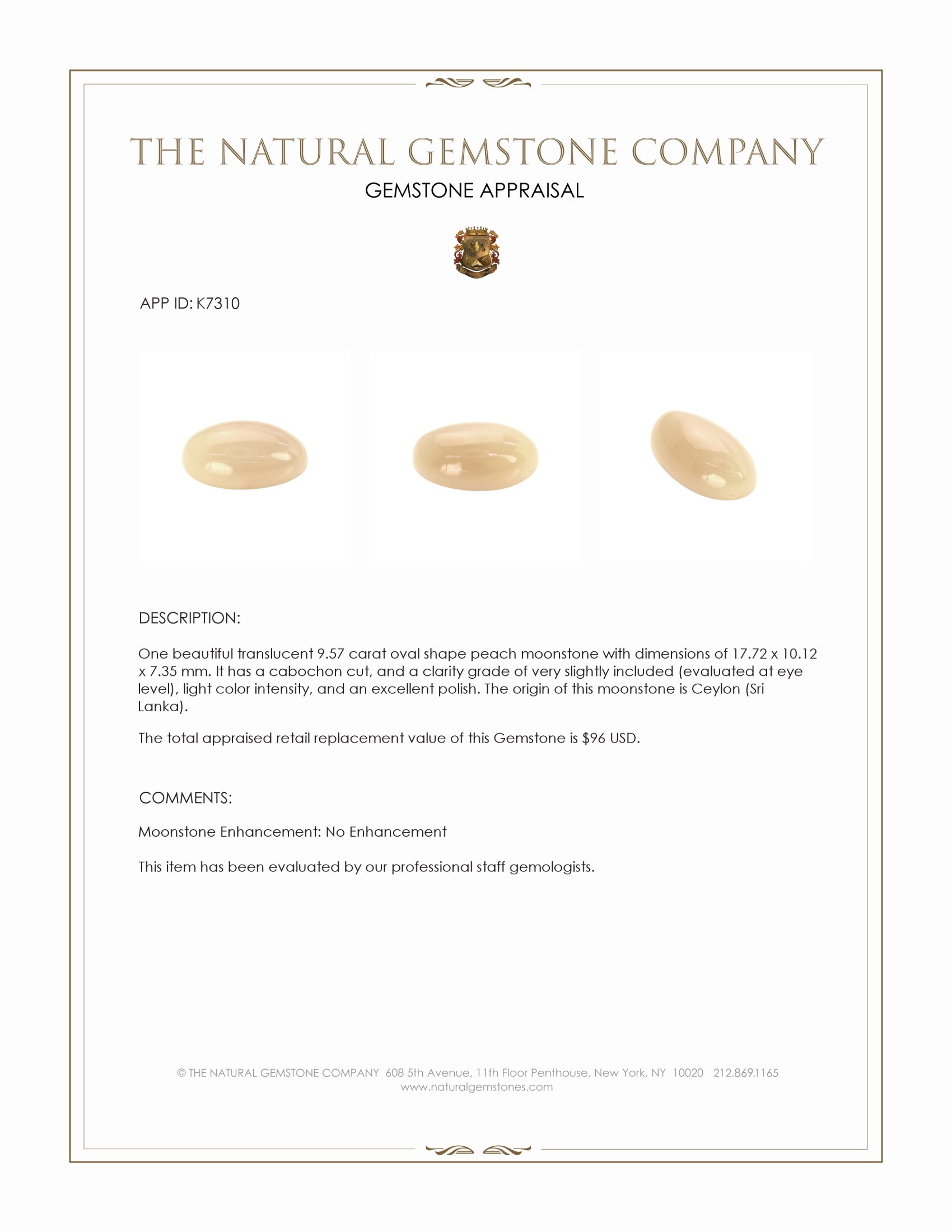 9.57 Ct. Cabochon Moonstone from Ceylon (Sri Lanka)