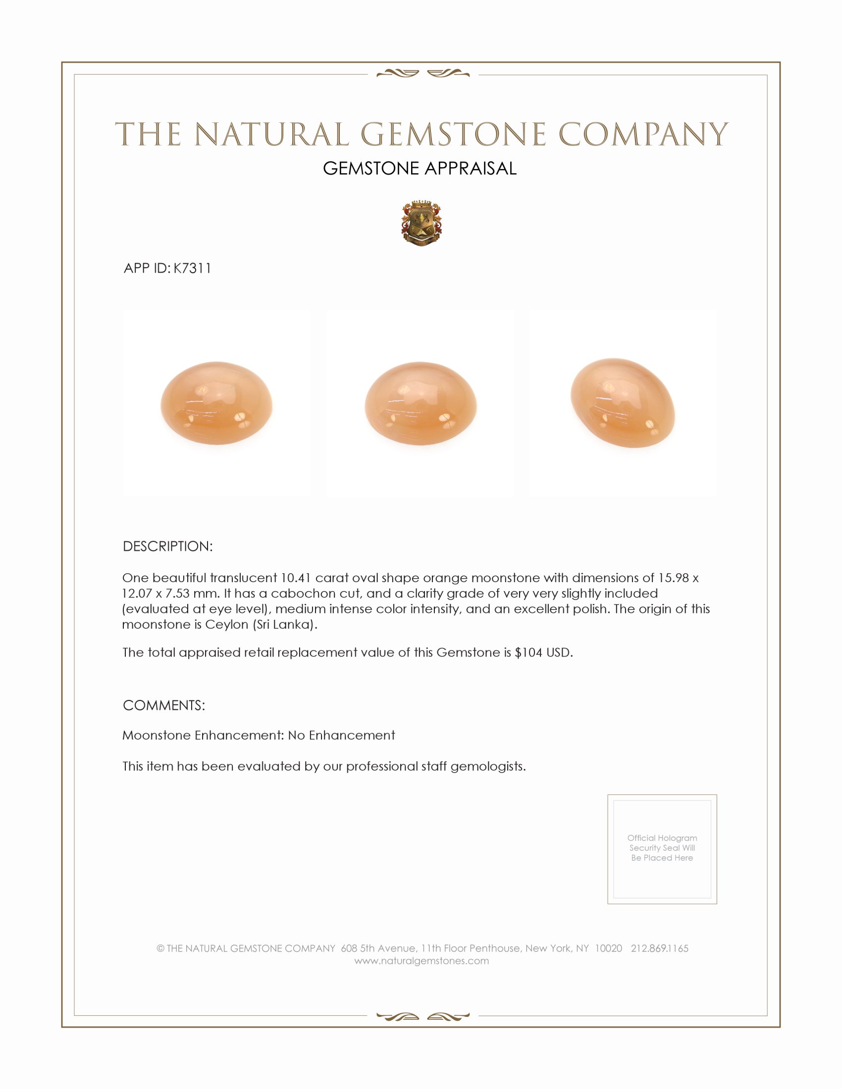 10.41 Ct. Cabochon Moonstone from Ceylon (Sri Lanka)