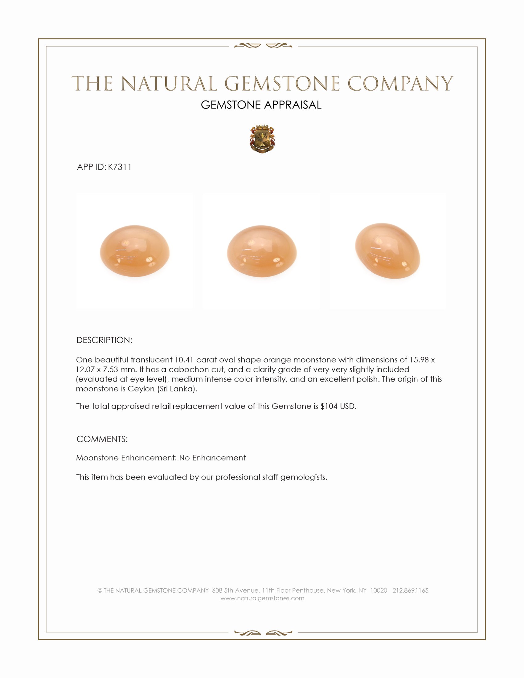 10.41 Ct. Cabochon Moonstone from Ceylon (Sri Lanka)