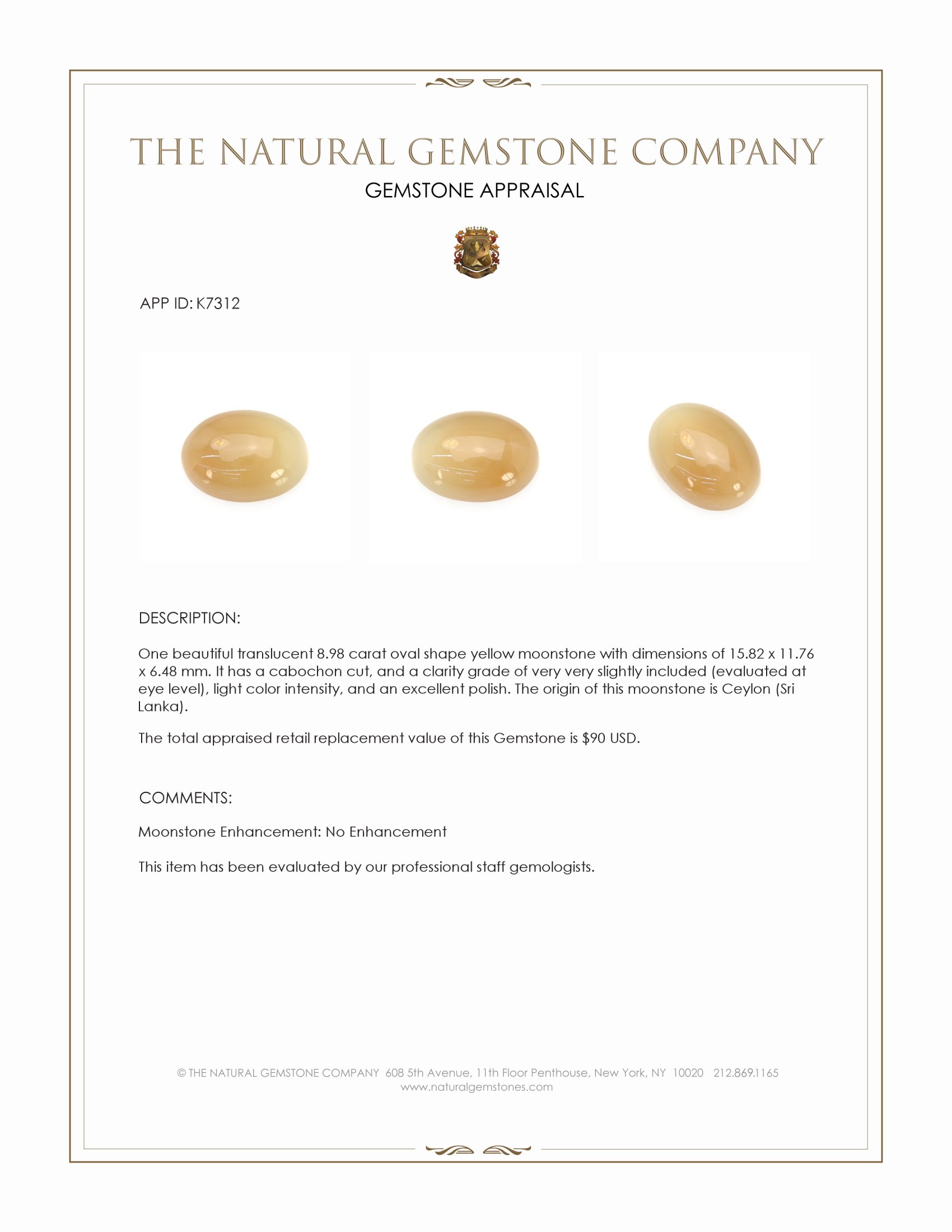 8.98 Ct. Yellow Cabochon Moonstone from Ceylon (Sri Lanka)