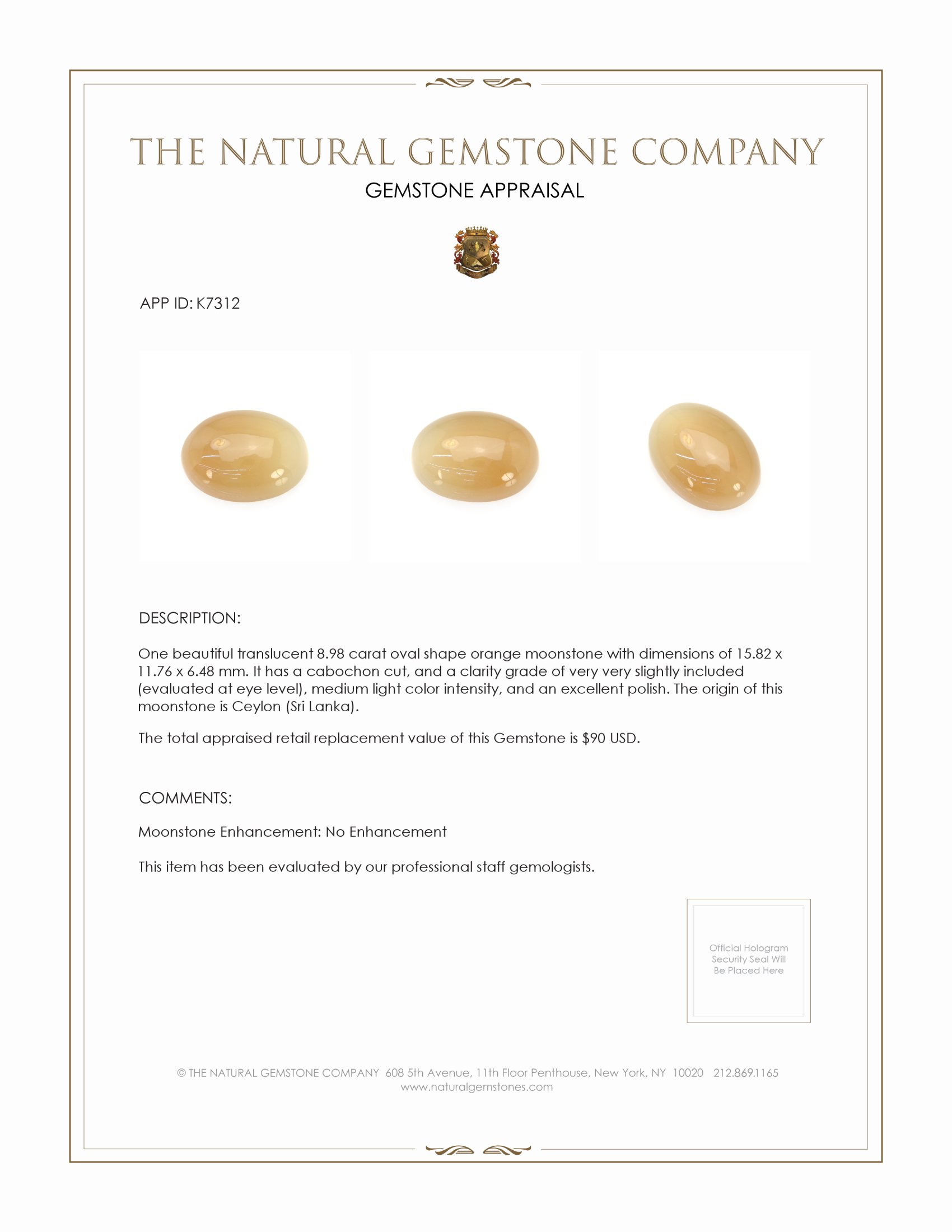 8.98 Ct. Cabochon Moonstone from Ceylon (Sri Lanka)