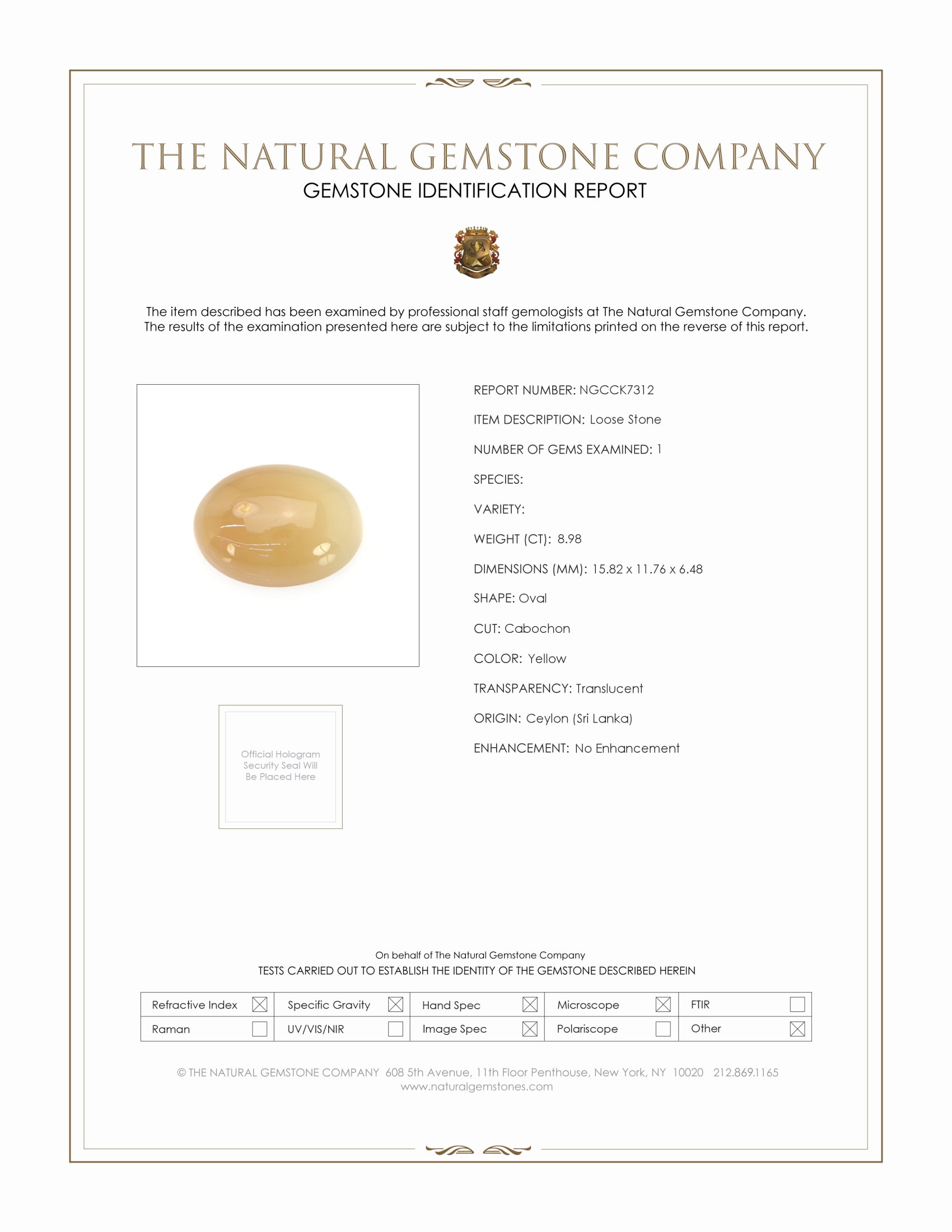 8.98 Ct. Yellow Cabochon Moonstone from Ceylon (Sri Lanka)
