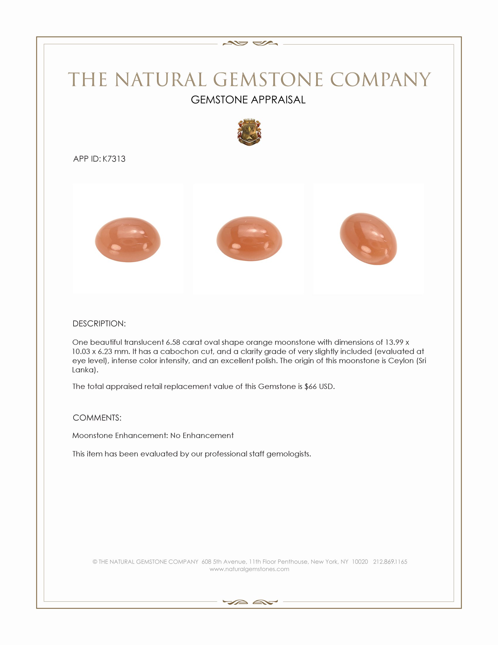 6.58 Ct. Orange Cabochon Moonstone from Ceylon (Sri Lanka)