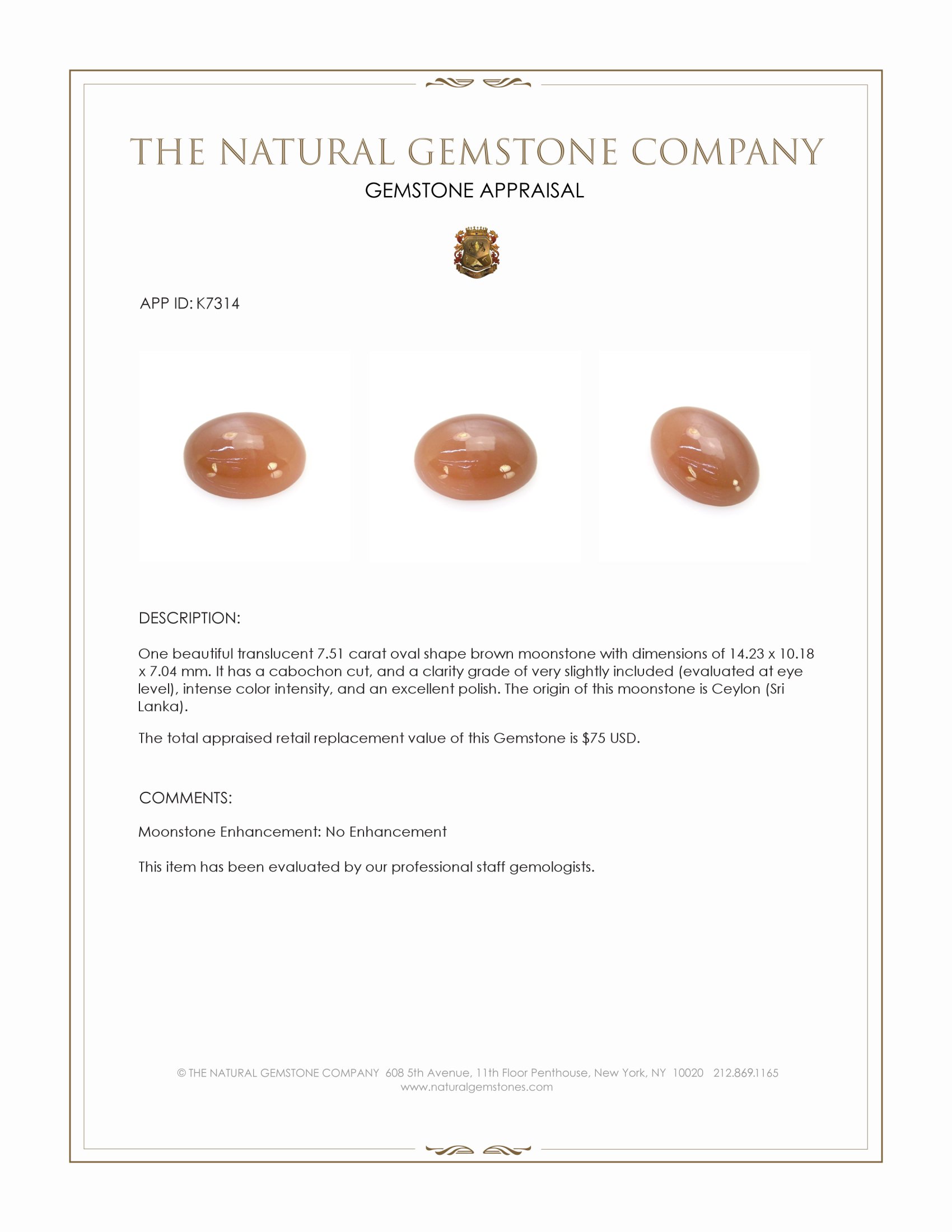 7.51 Ct. Cabochon Moonstone from Ceylon (Sri Lanka)