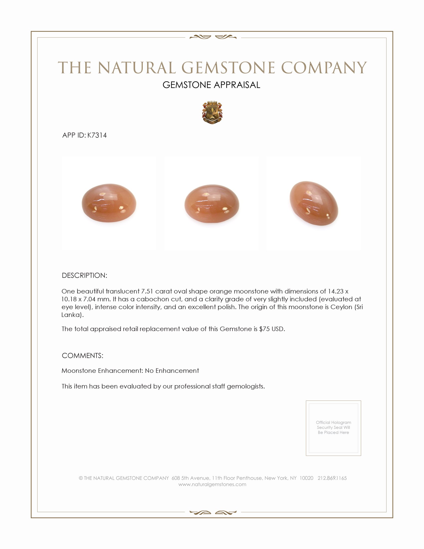 7.51 Ct. Cabochon Moonstone from Ceylon (Sri Lanka)