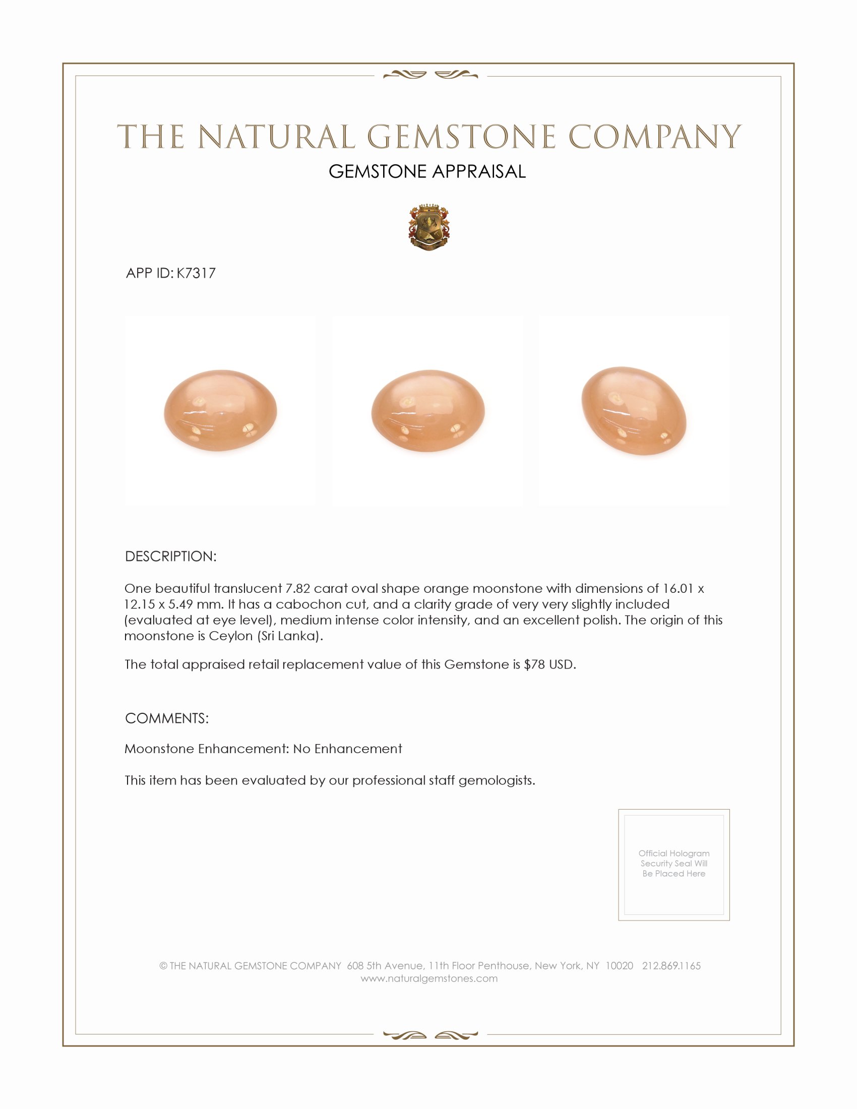 7.82 Ct. Cabochon Moonstone from Ceylon (Sri Lanka)