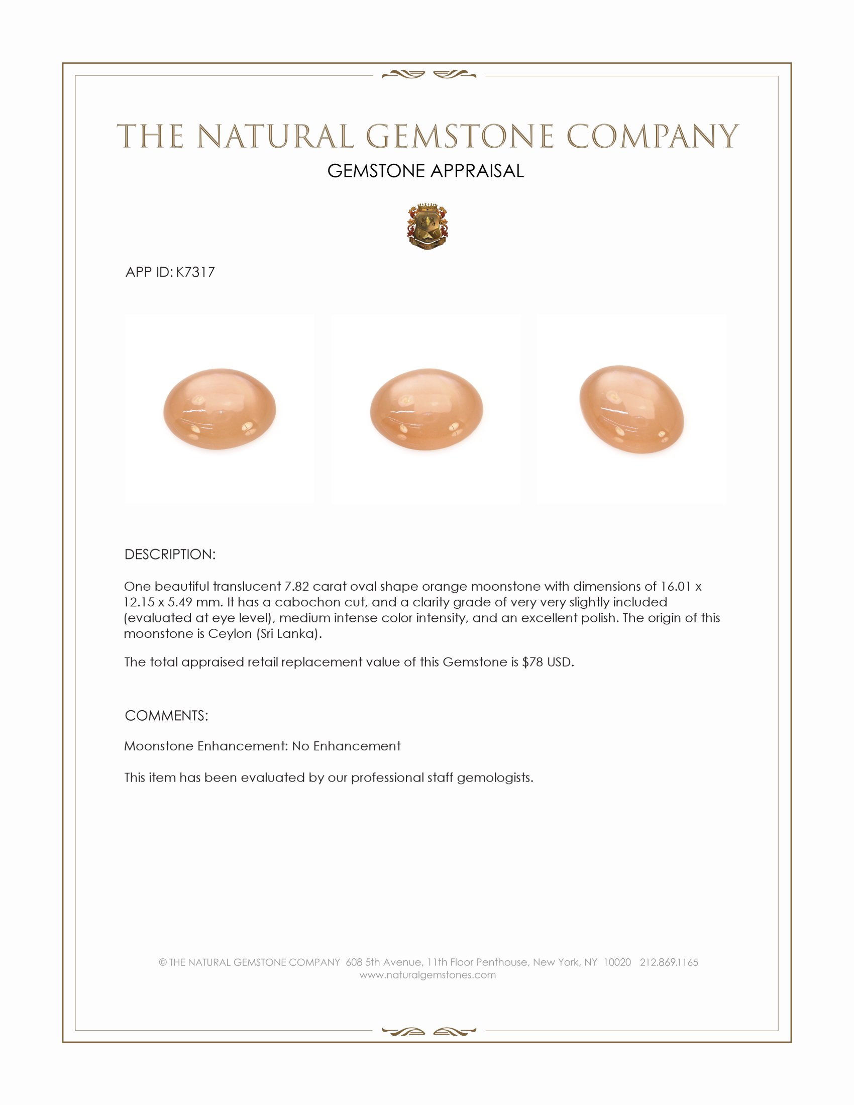 7.82 Ct. Cabochon Moonstone from Ceylon (Sri Lanka)