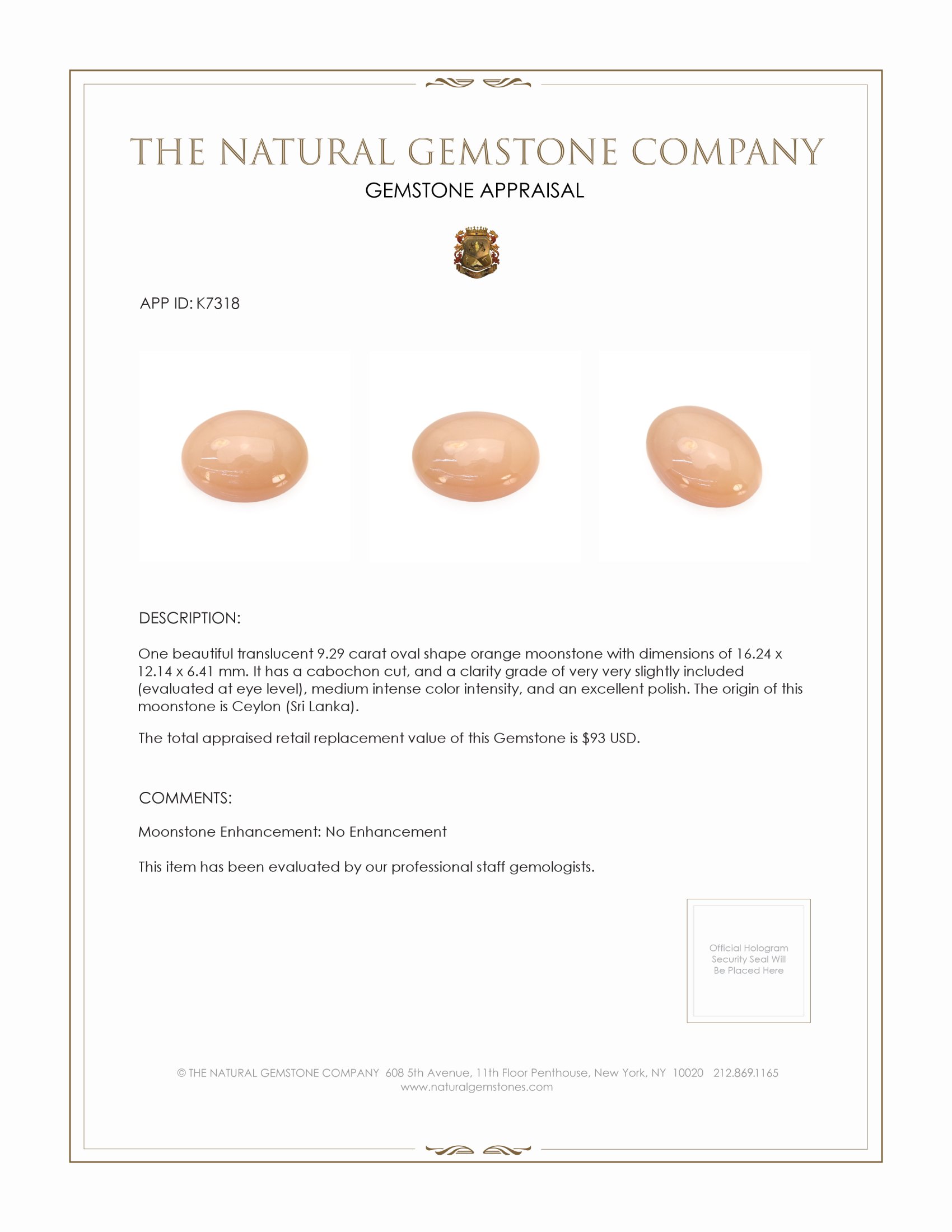 9.29 Ct. Cabochon Moonstone from Ceylon (Sri Lanka)