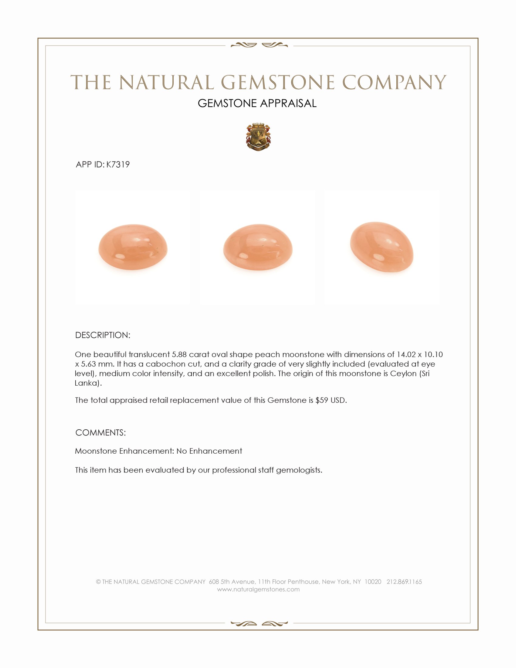 5.88 Ct. Peach Cabochon Moonstone from Ceylon (Sri Lanka)