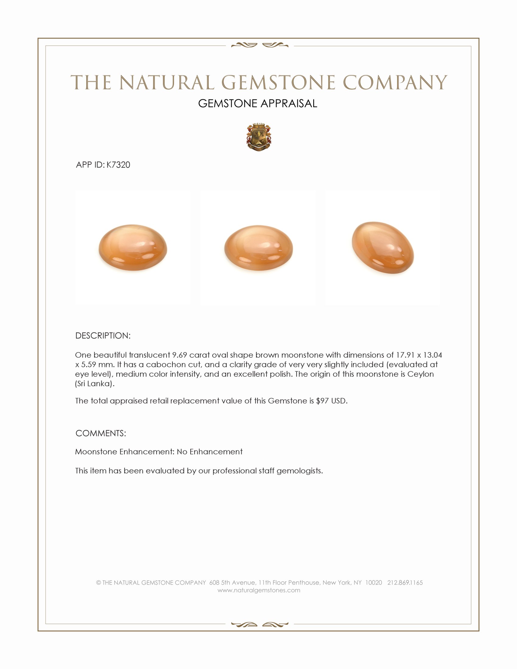 9.69 Ct. Brown Cabochon Moonstone from Ceylon (Sri Lanka)