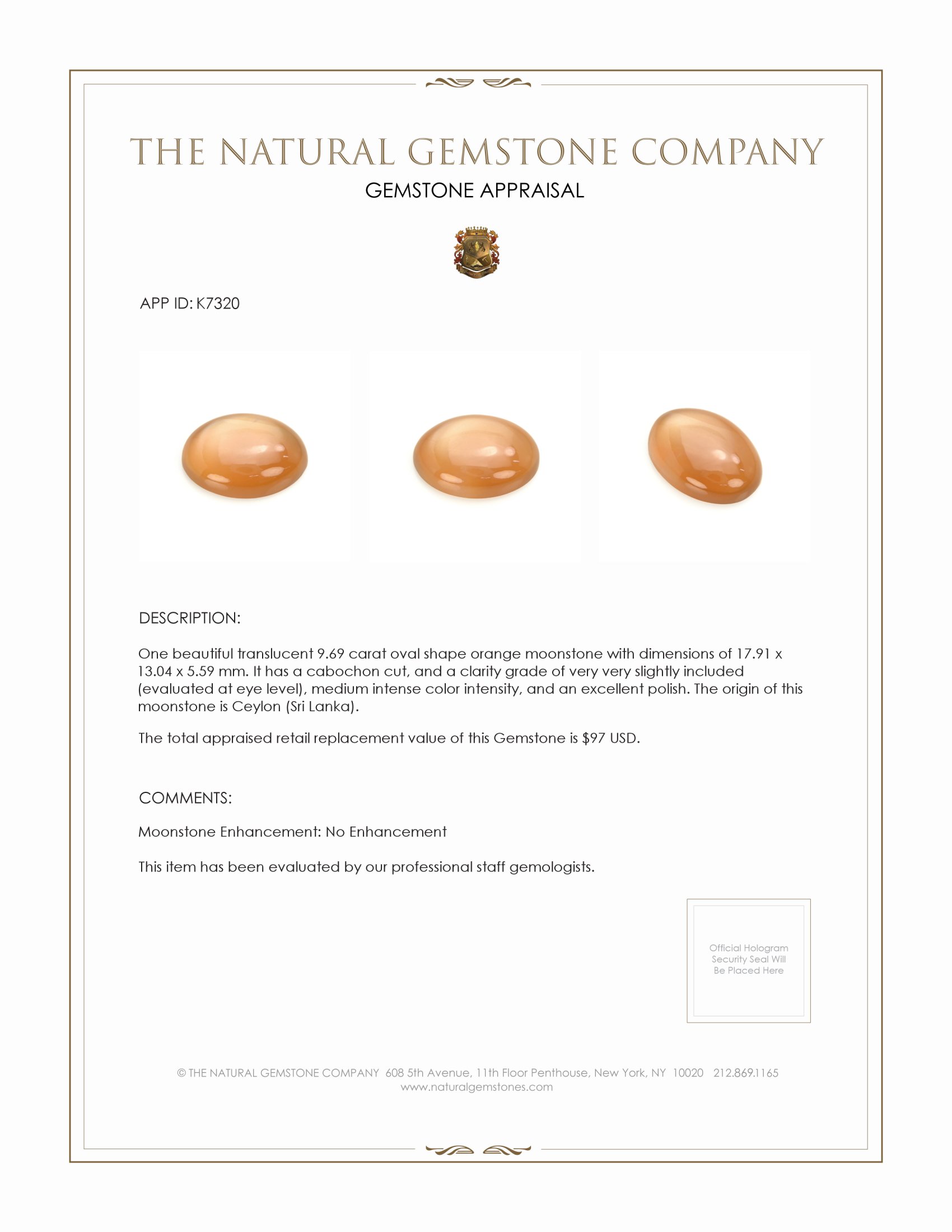 9.69 Ct. Cabochon Moonstone from Ceylon (Sri Lanka)