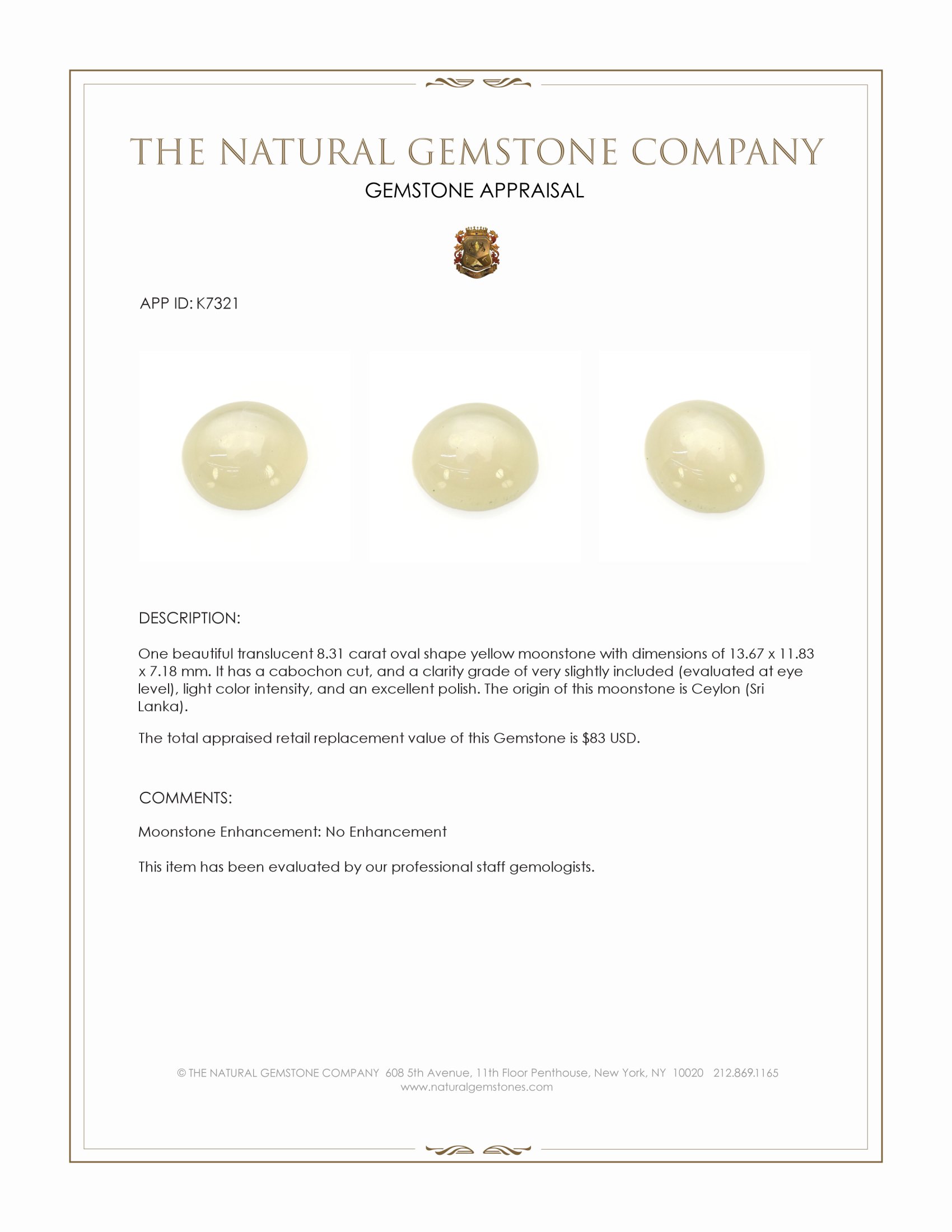 8.31 Ct. Yellow Cabochon Moonstone from Ceylon (Sri Lanka)