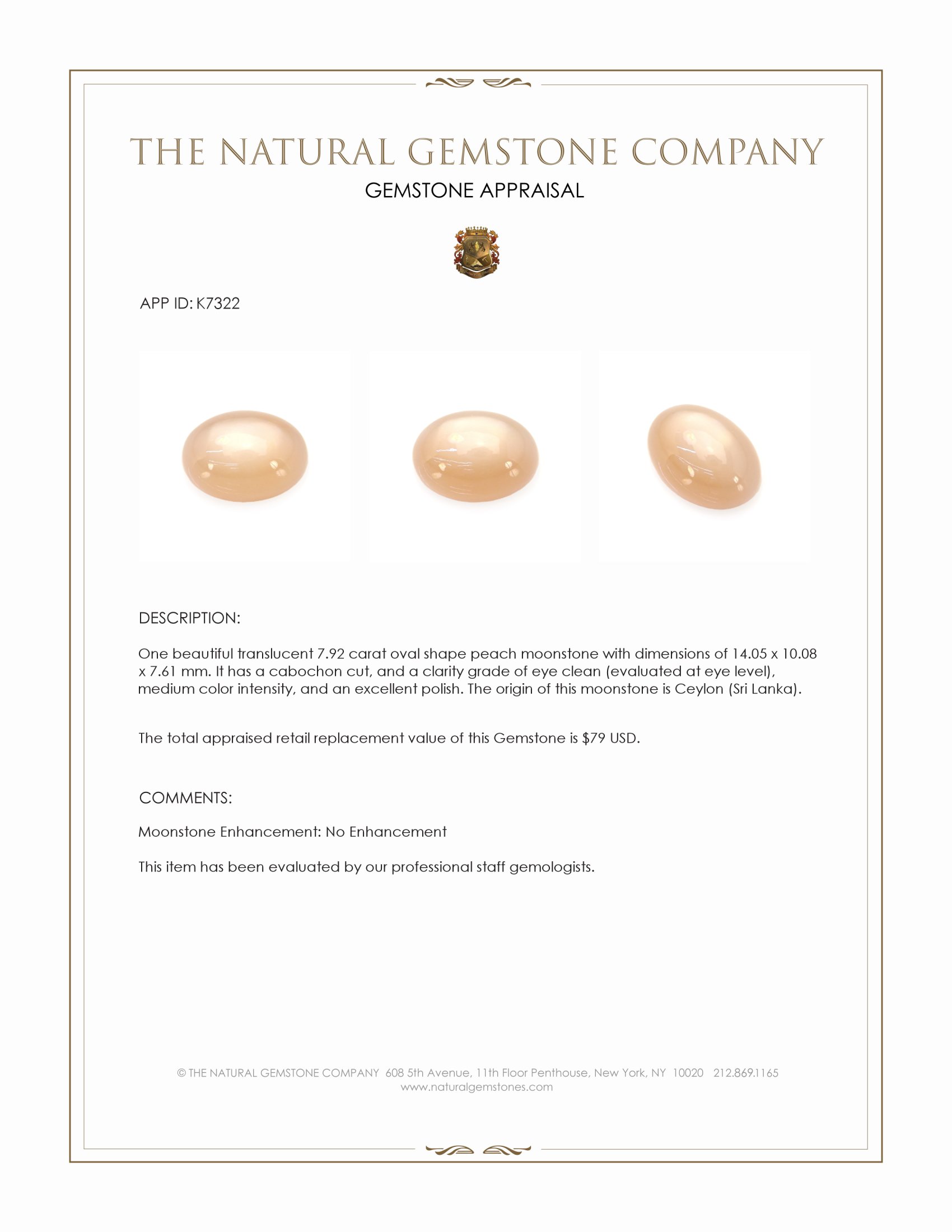 7.92 Ct. Peach Cabochon Moonstone from Ceylon (Sri Lanka)