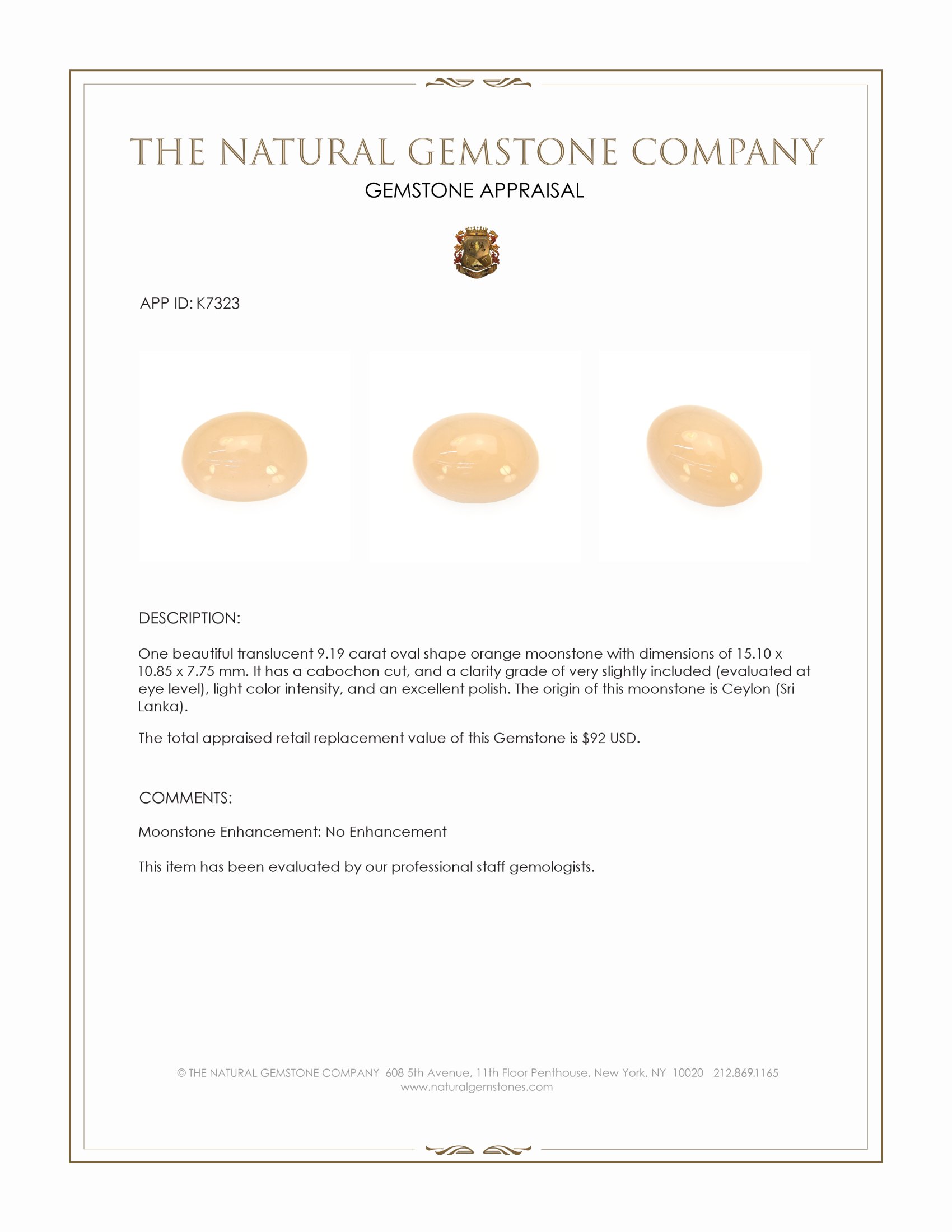 9.19 Ct. Cabochon Moonstone from Ceylon (Sri Lanka)