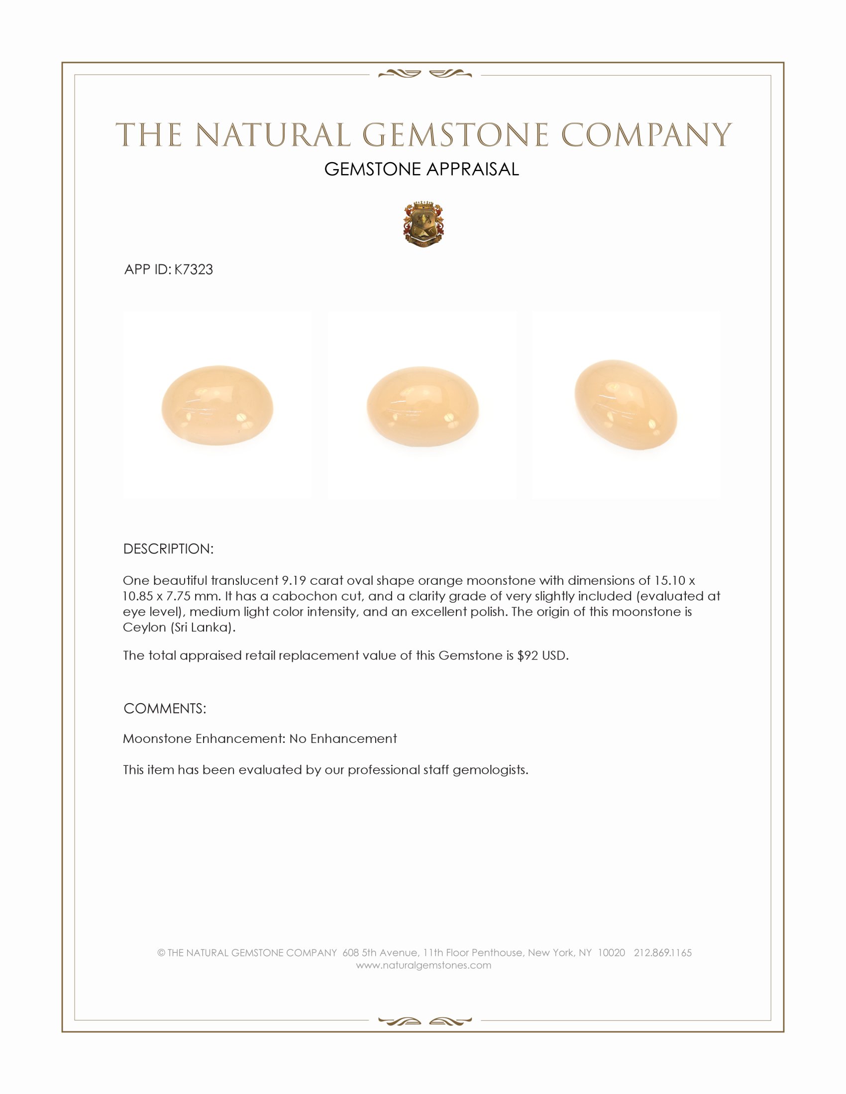 9.19 Ct. Cabochon Moonstone from Ceylon (Sri Lanka)