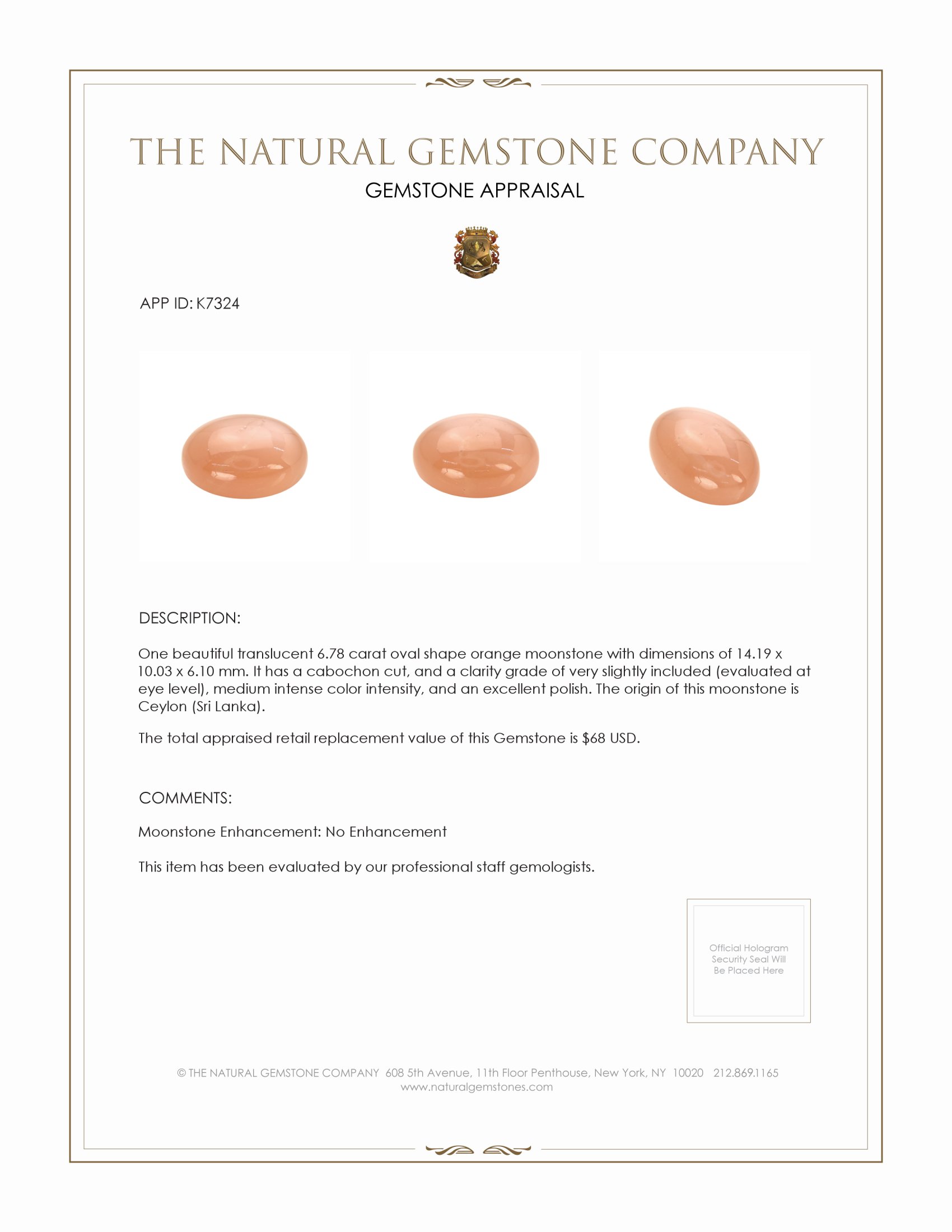 6.78 Ct. Cabochon Moonstone from Ceylon (Sri Lanka)