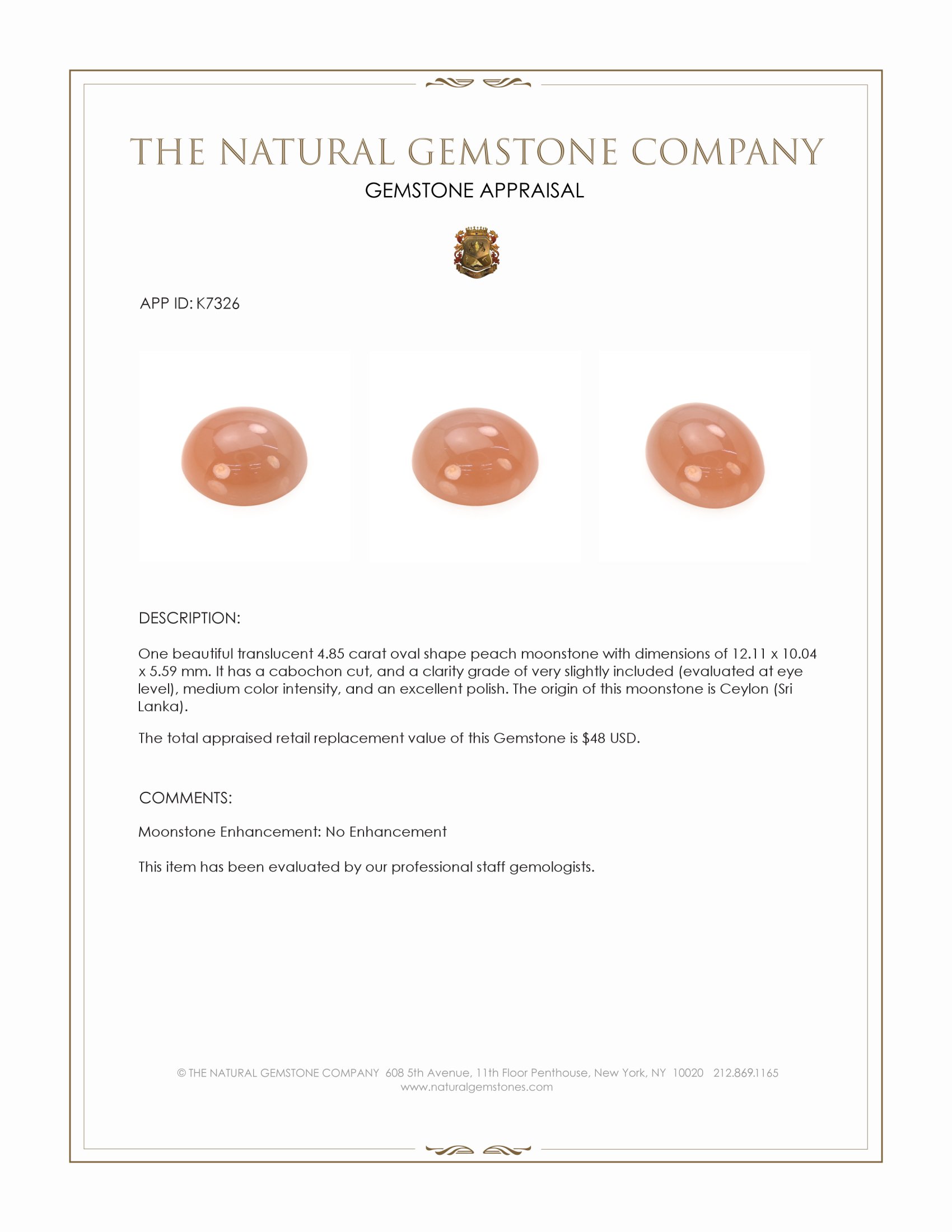 4.85 Ct. Peach Cabochon Moonstone from Ceylon (Sri Lanka)