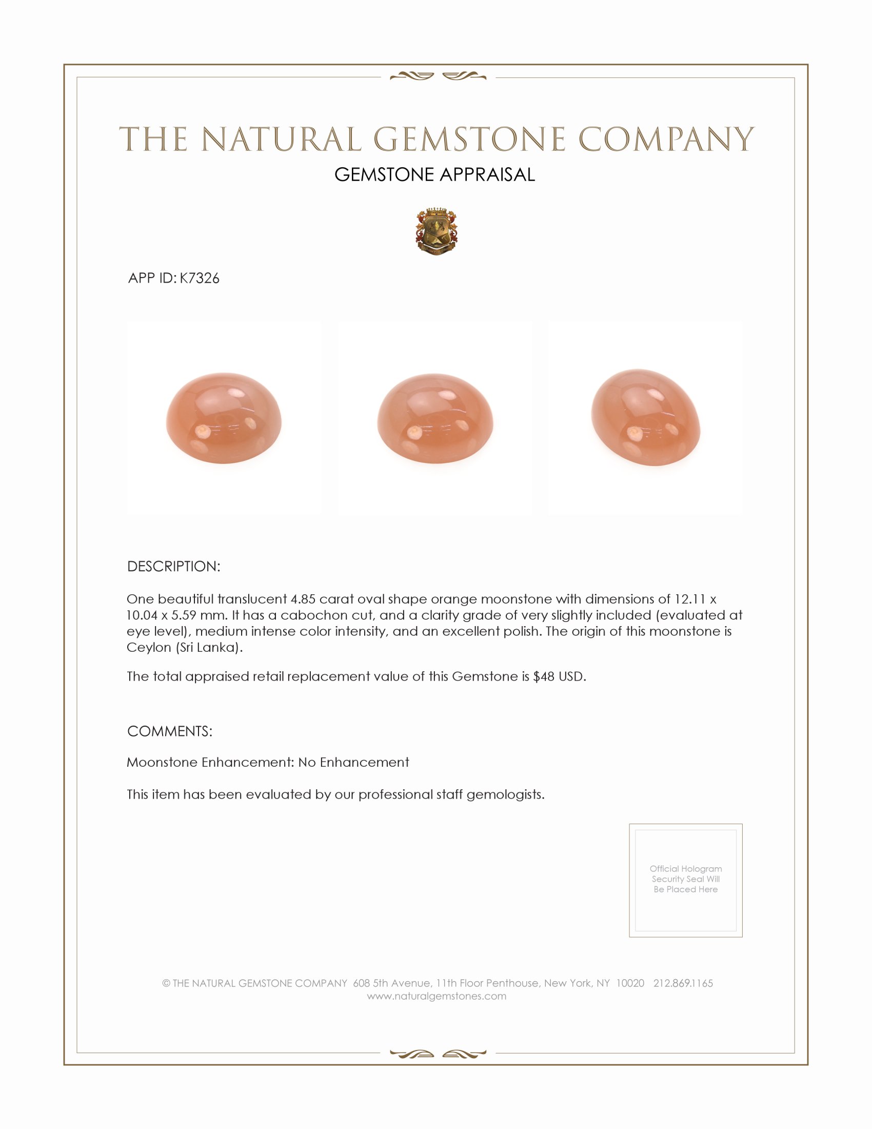 4.85 Ct. Cabochon Moonstone from Ceylon (Sri Lanka)